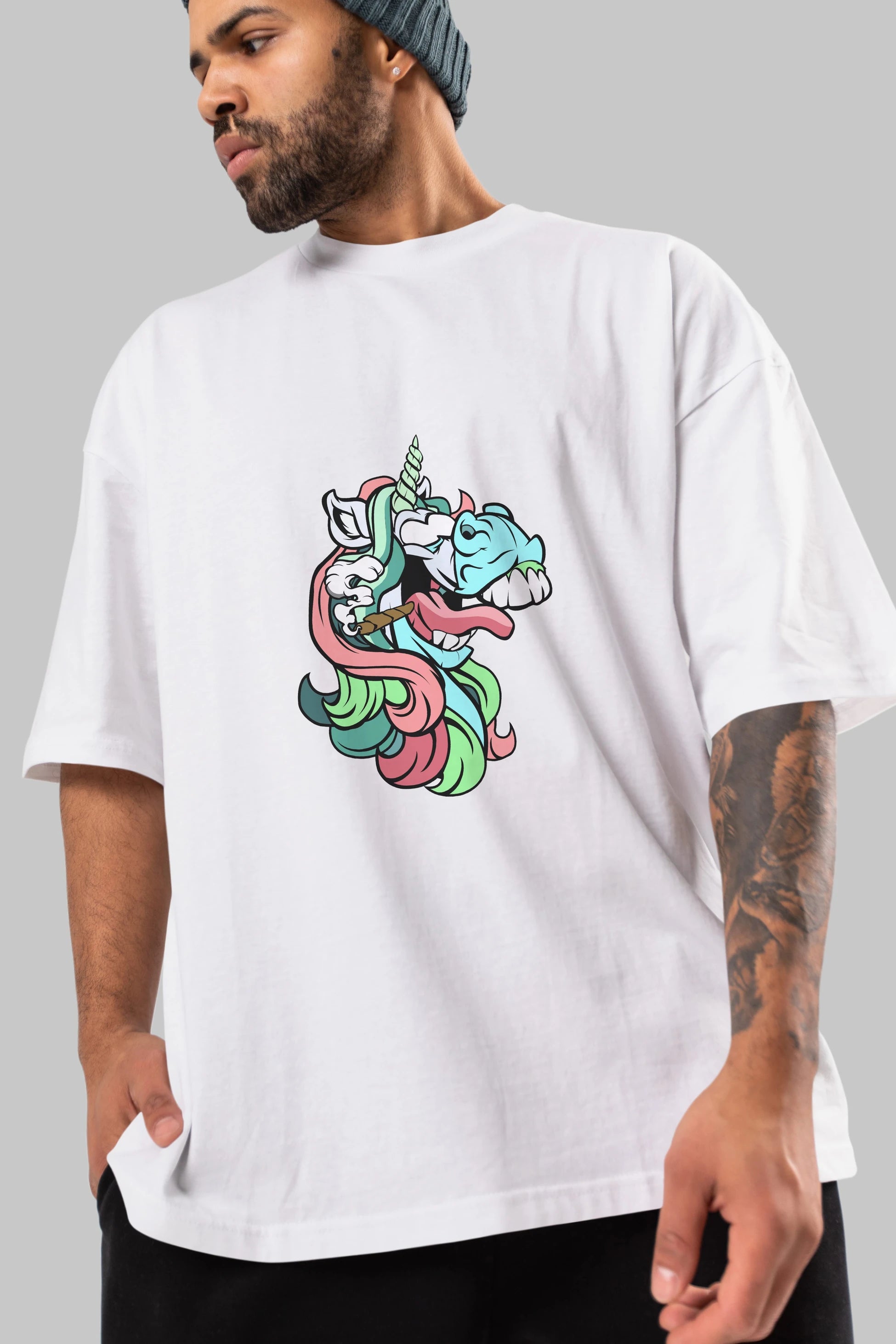 Crazy Unicorn Ön Baskılı Oversize t-shirt Erkek Kadın Unisex %100 Pamuk tişort