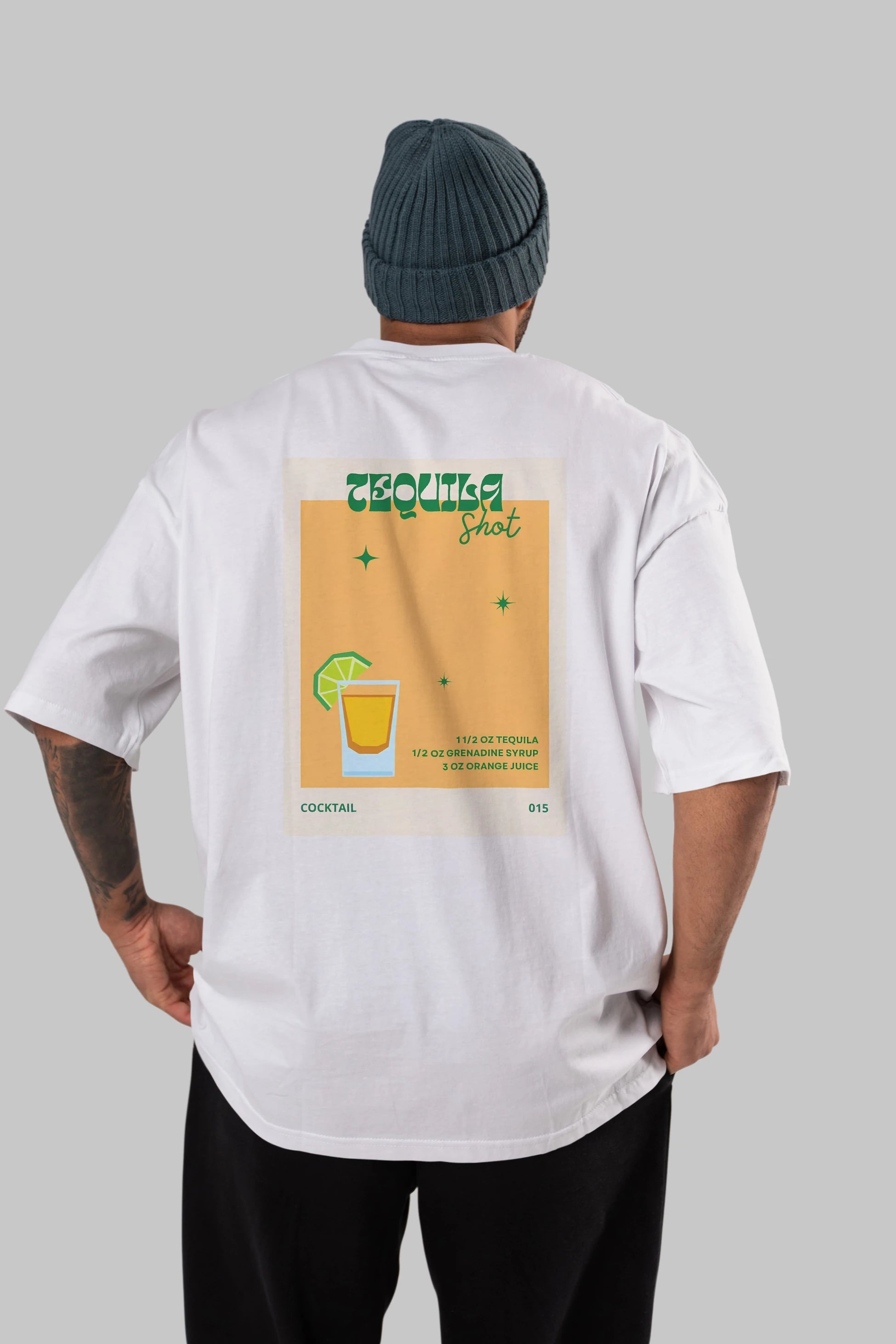 Tequila Shot 2 Arka Baskılı Oversize t-shirt Erkek Kadın Unisex %100 Pamuk Bisiklet Yaka tişort
