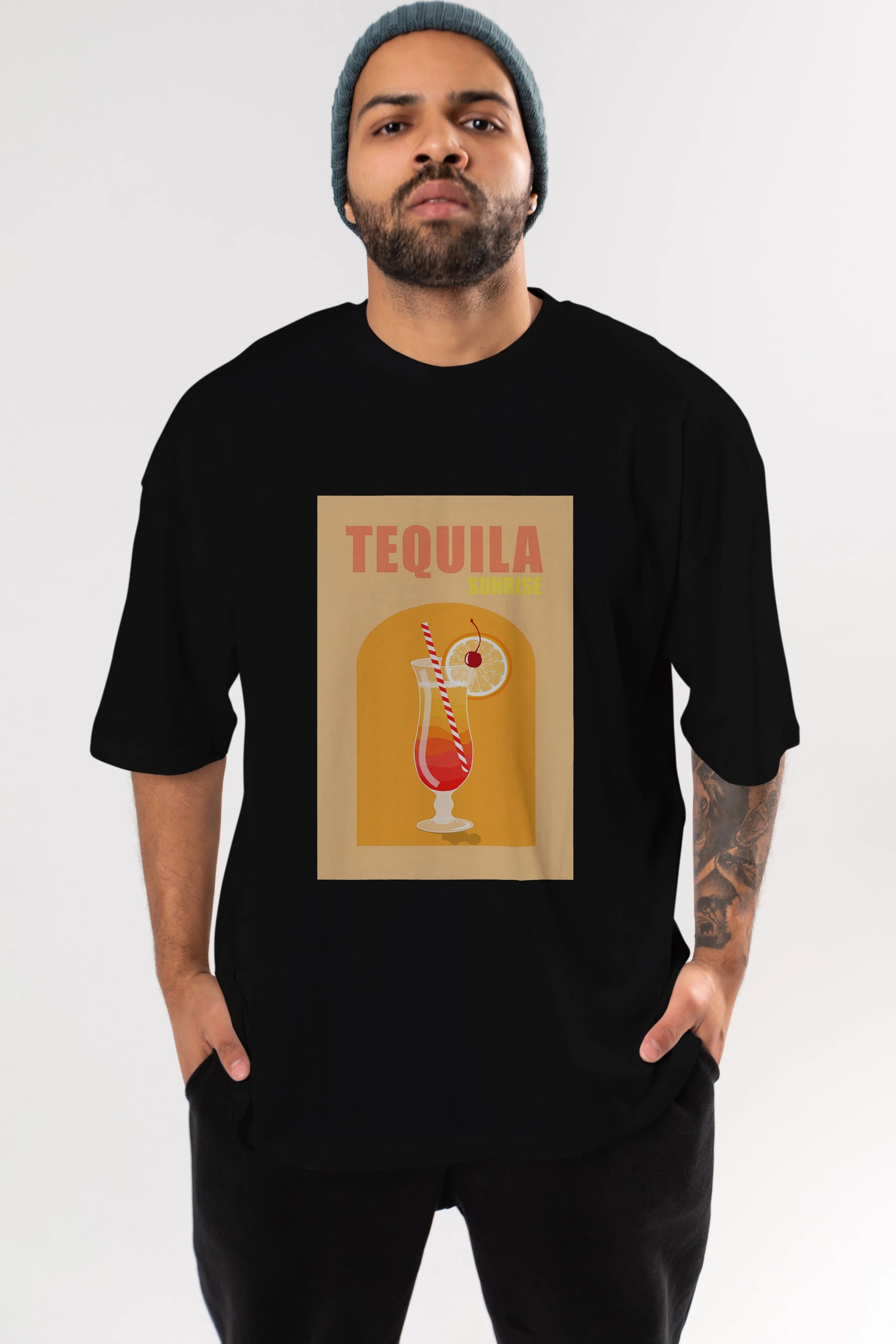 Tequila Sunrise Ön Baskılı Oversize t-shirt Erkek Kadın Unisex %100 Pamuk Bisiklet Yaka tişort