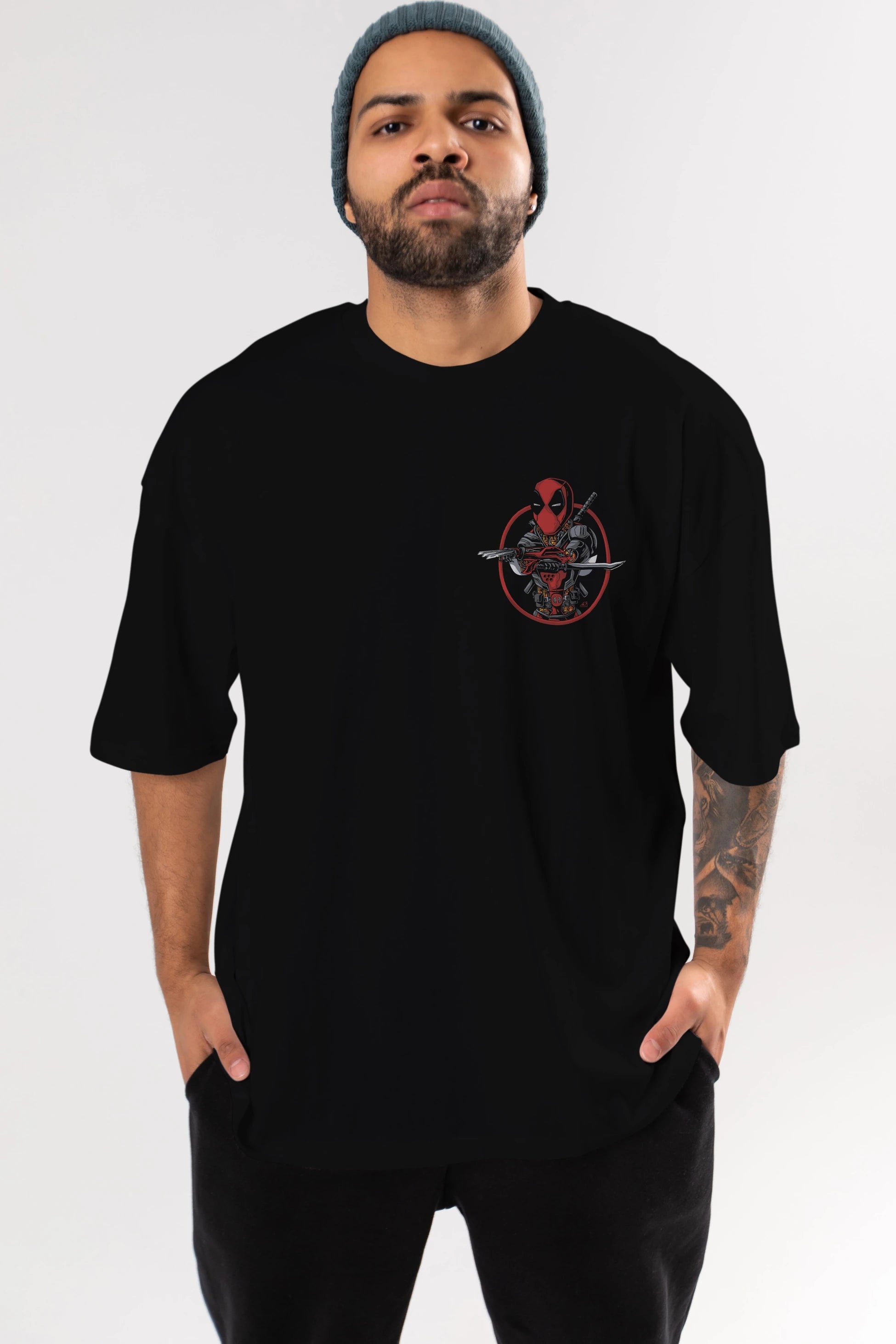 Deadpool (5) Ön Sol Baskılı Oversize t-shirt Erkek Kadın Unisex %100 Pamuk Bisiklet Yaka tişort
