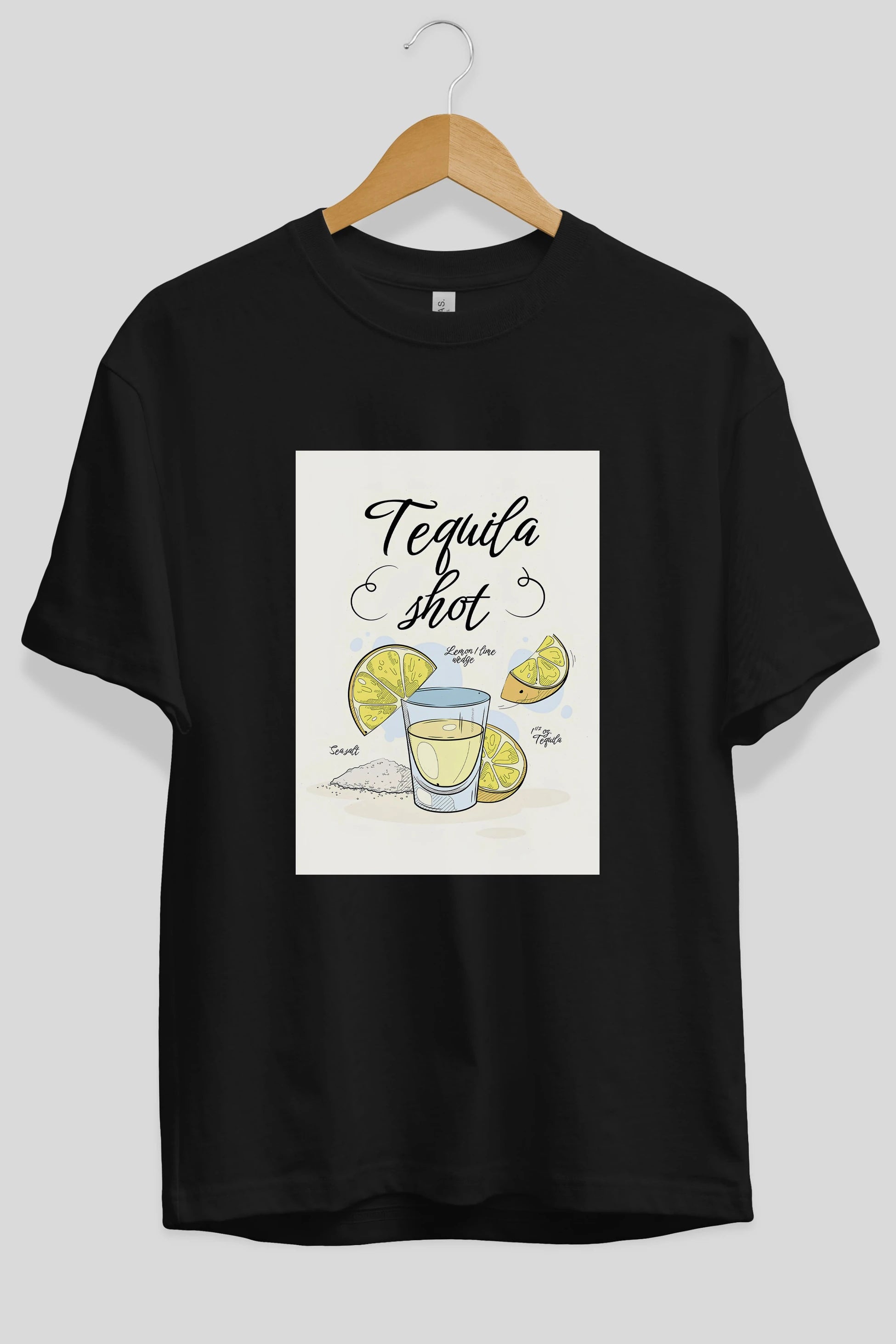 Tequila Shot Ön Baskılı Oversize t-shirt Erkek Kadın Unisex %100 Pamuk Bisiklet Yaka tişort