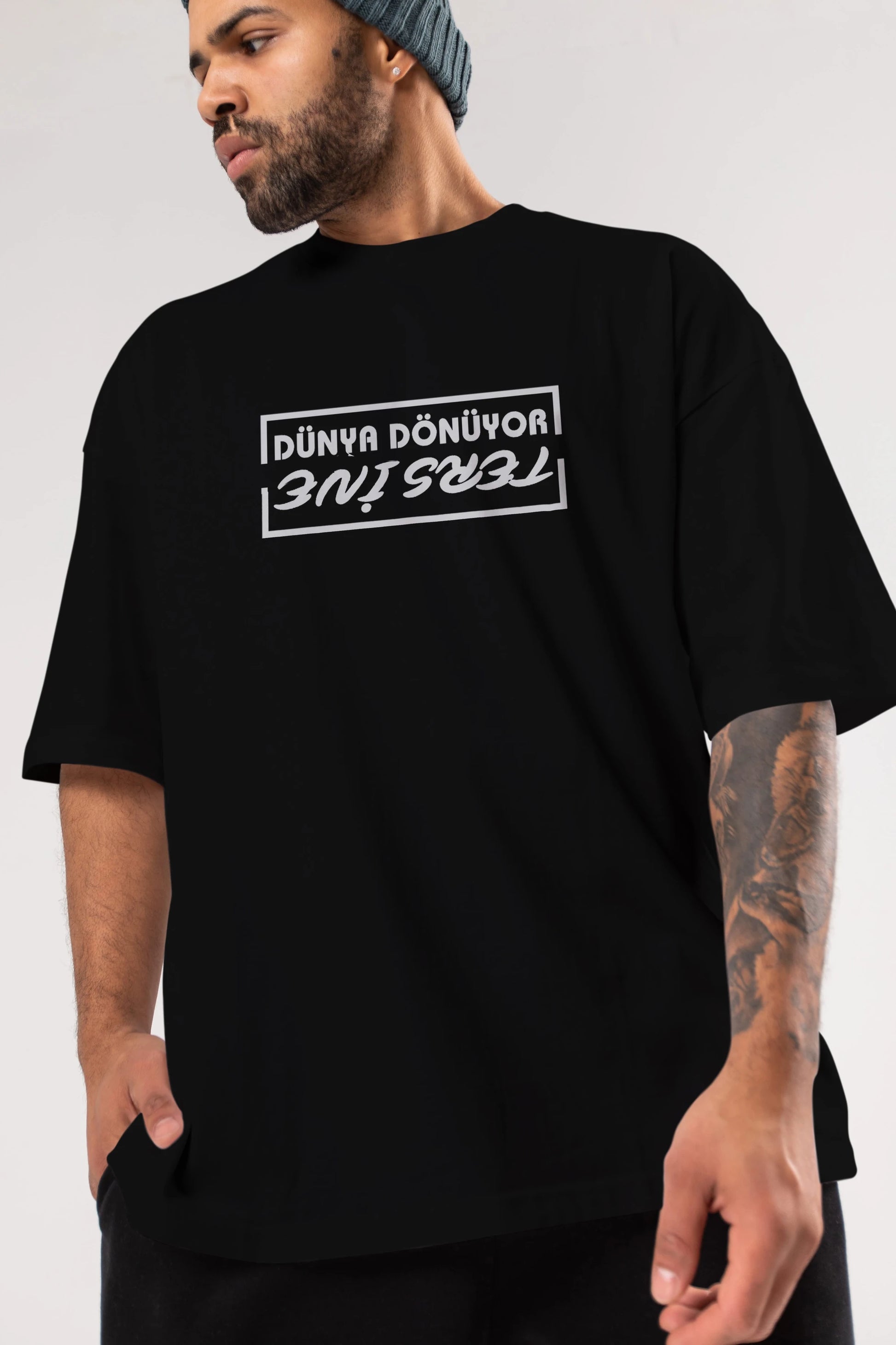 Dünya Dönüyor Tersine Ön Baskılı Oversize t-shirt %100 pamuk Erkek Kadın Unisex