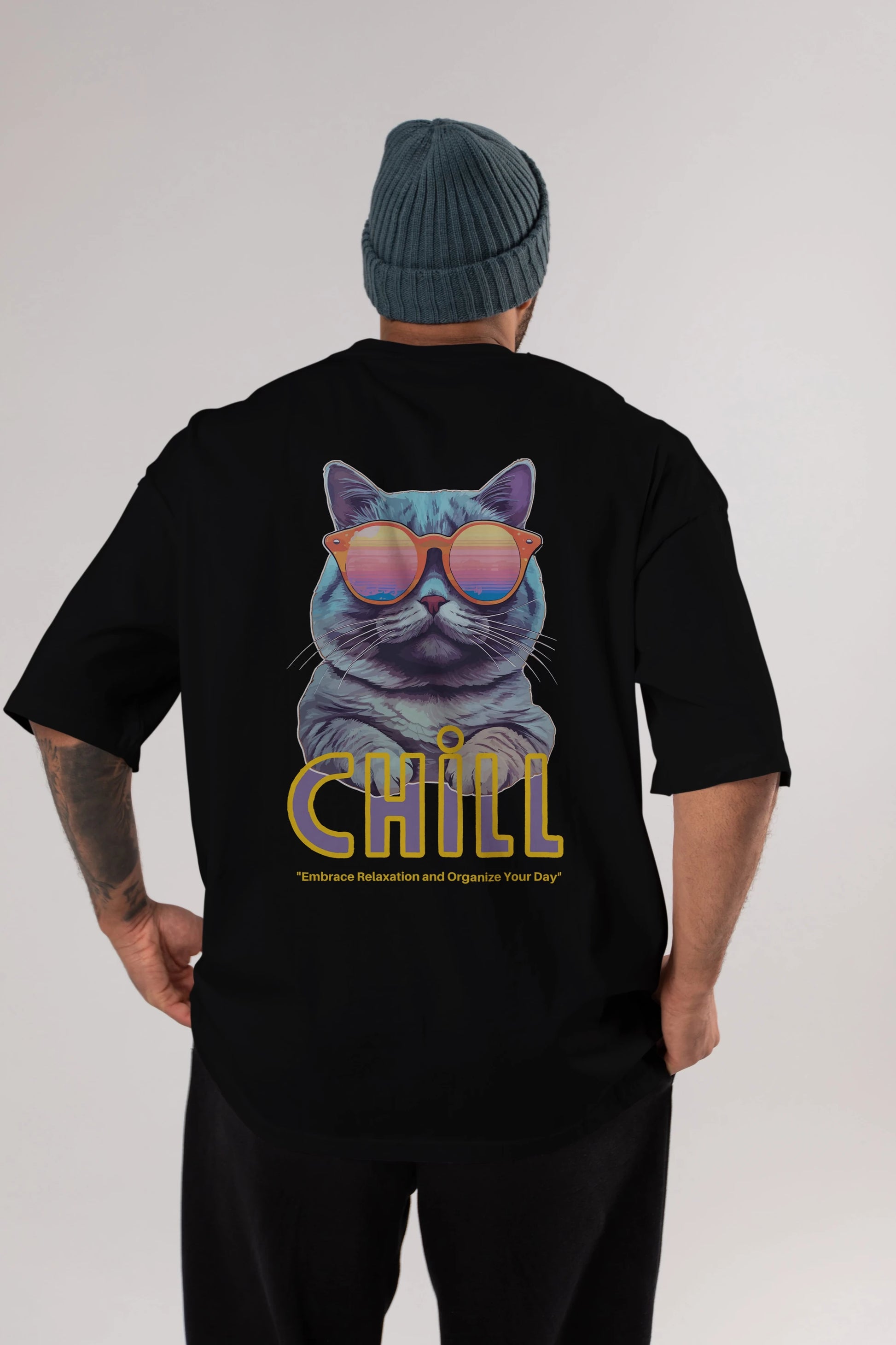 Chill Cat Arka Baskılı Oversize t-shirt Erkek Kadın Unisex