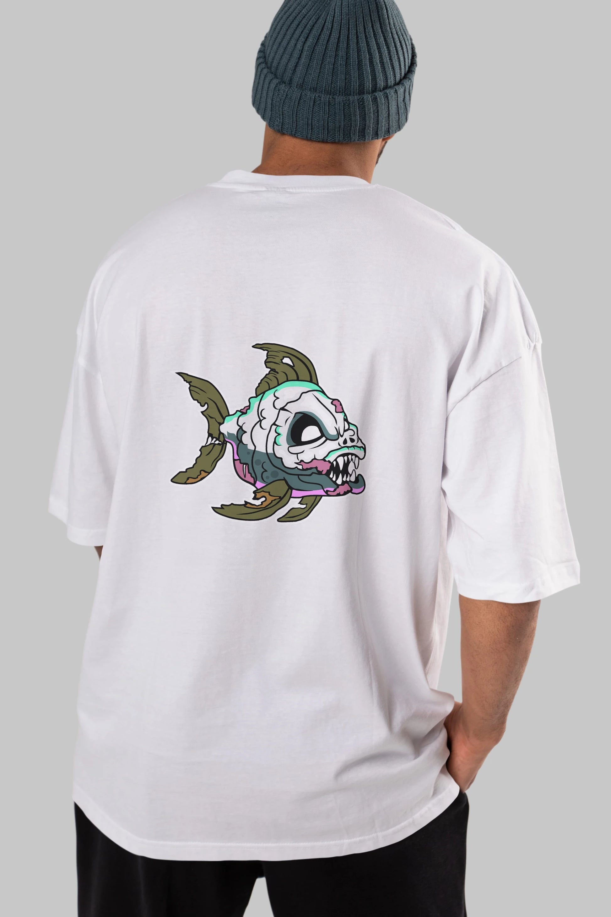 Fish Monster Arka Baskılı Oversize t-shirt Erkek Kadın Unisex %100 Pamuk tişort