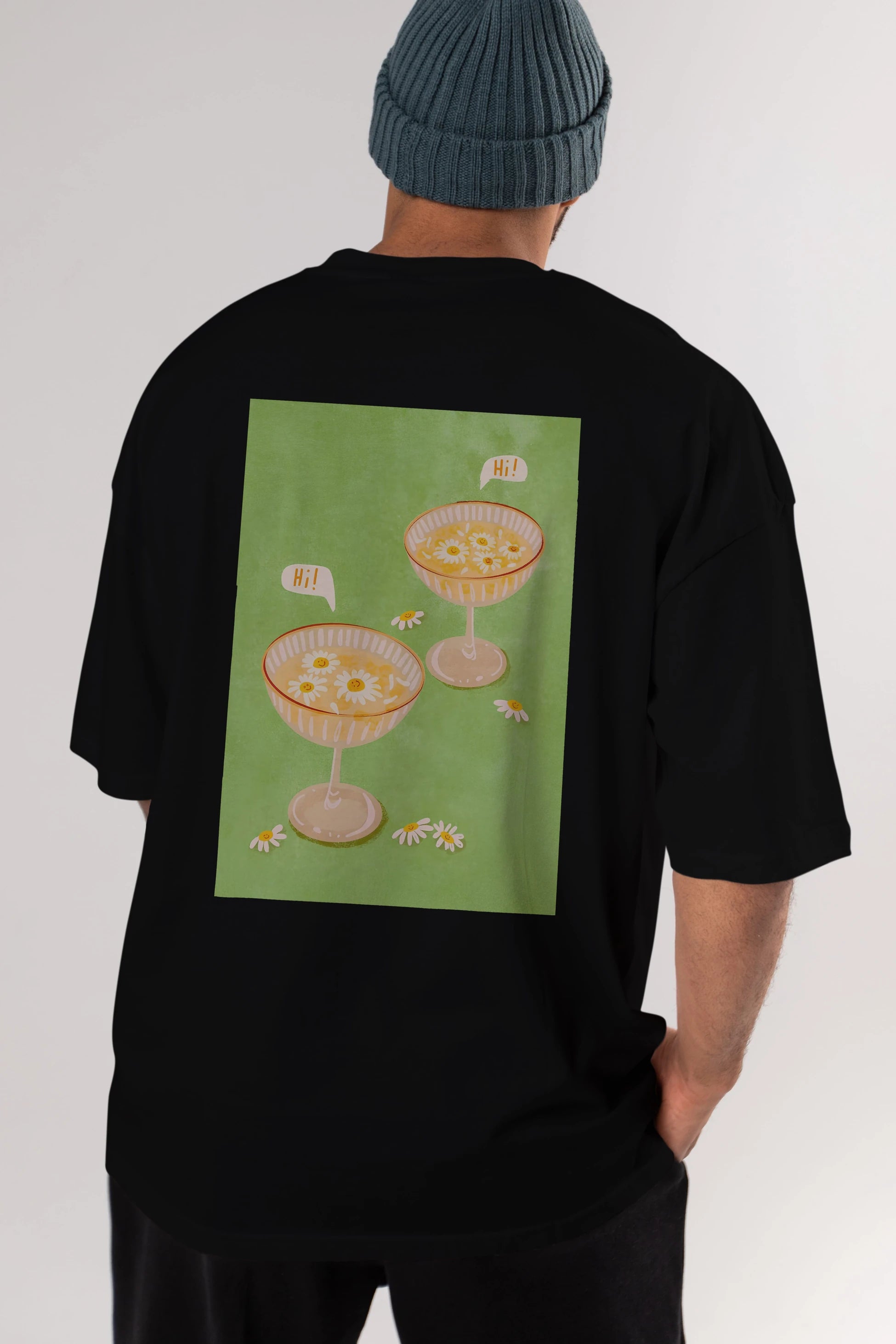 Hi Cheers Arka Baskılı Oversize t-shirt Erkek Kadın Unisex %100 Pamuk Bisiklet Yaka tişort