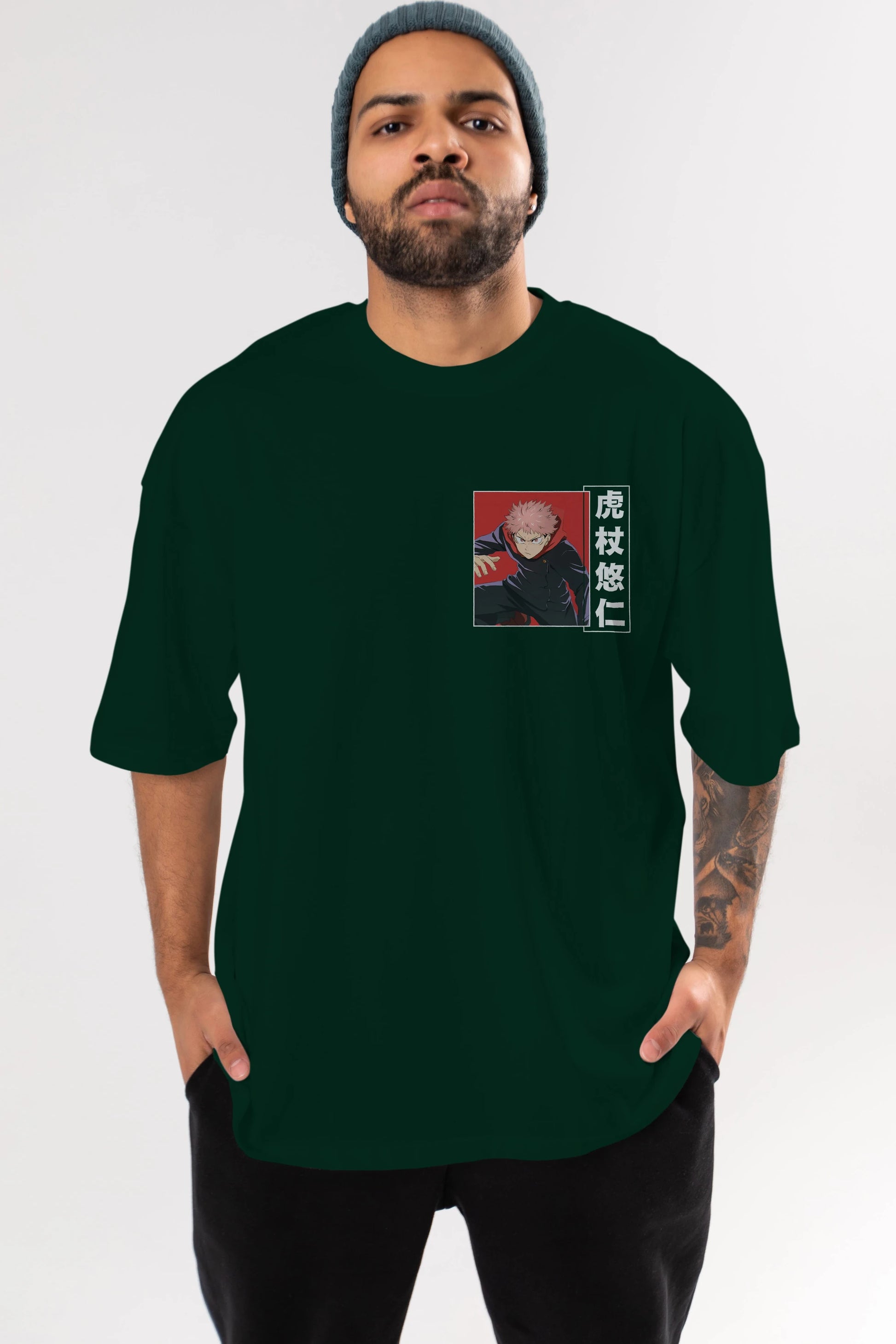 Yuuji Itadori 2 Ön Sol Baskılı Oversize t-shirt Erkek Kadın Unisex %100 Pamuk Bisiklet Yaka tişort