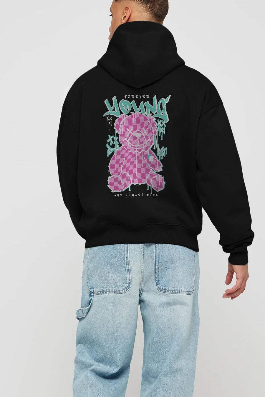 Young and Always Cool Bear Arka Baskılı Hoodie Oversize Kapüşonlu Sweatshirt Erkek Kadın Unisex