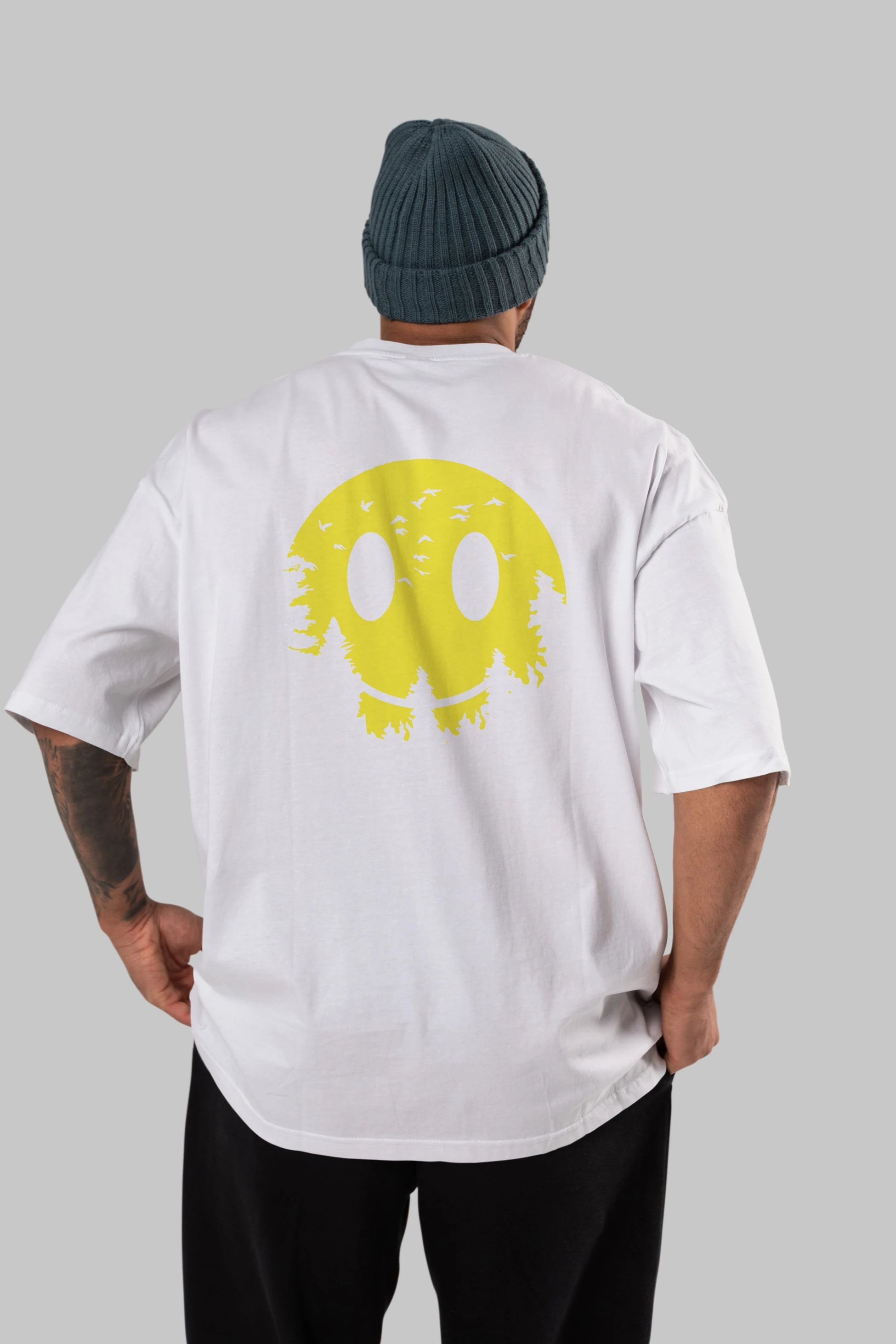 Smiley Moon Arka Baskılı Oversize t-shirt %100 pamuk Erkek Kadın Unisex
