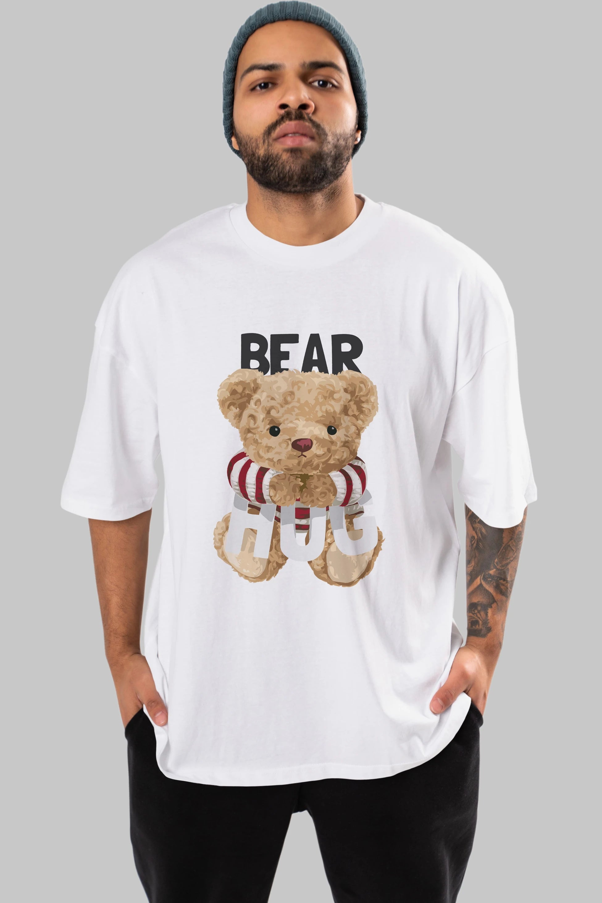 Teddy Bear Hug Ön Baskılı Oversize t-shirt Erkek Kadın Unisex %100 Pamuk