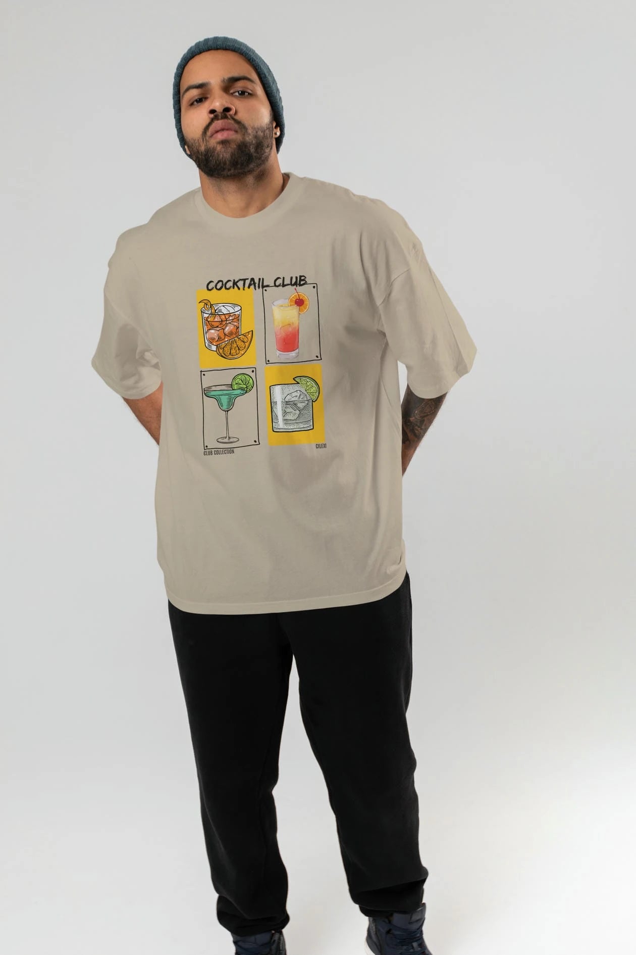 Cocktail Club ön Baskılı Oversize t-shirt Erkek Kadın %100 Pamuk Bisiklet Yaka tişort