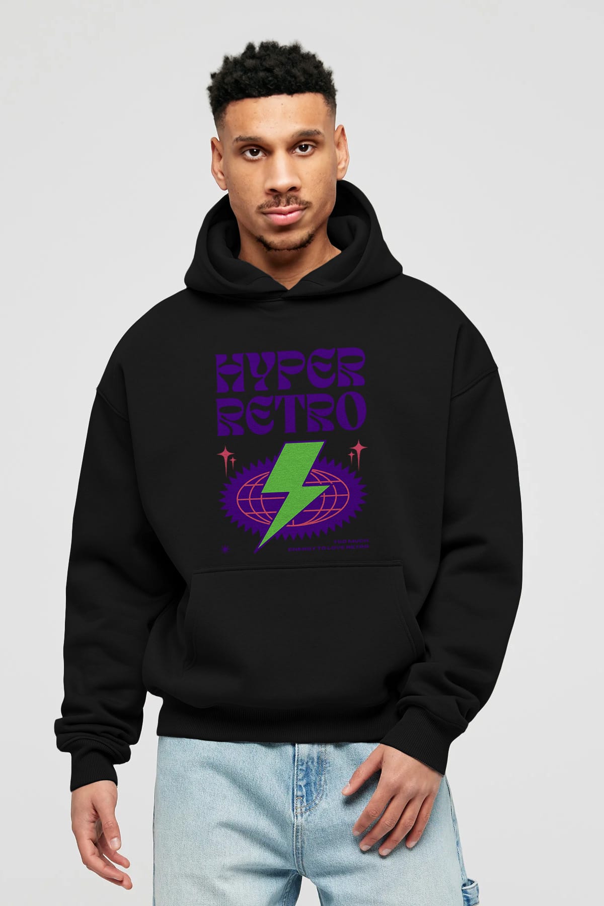 Hyper Retro Yazılı Ön Baskılı Oversize Hoodie Kapüşonlu Sweatshirt Erkek Kadın Unisex