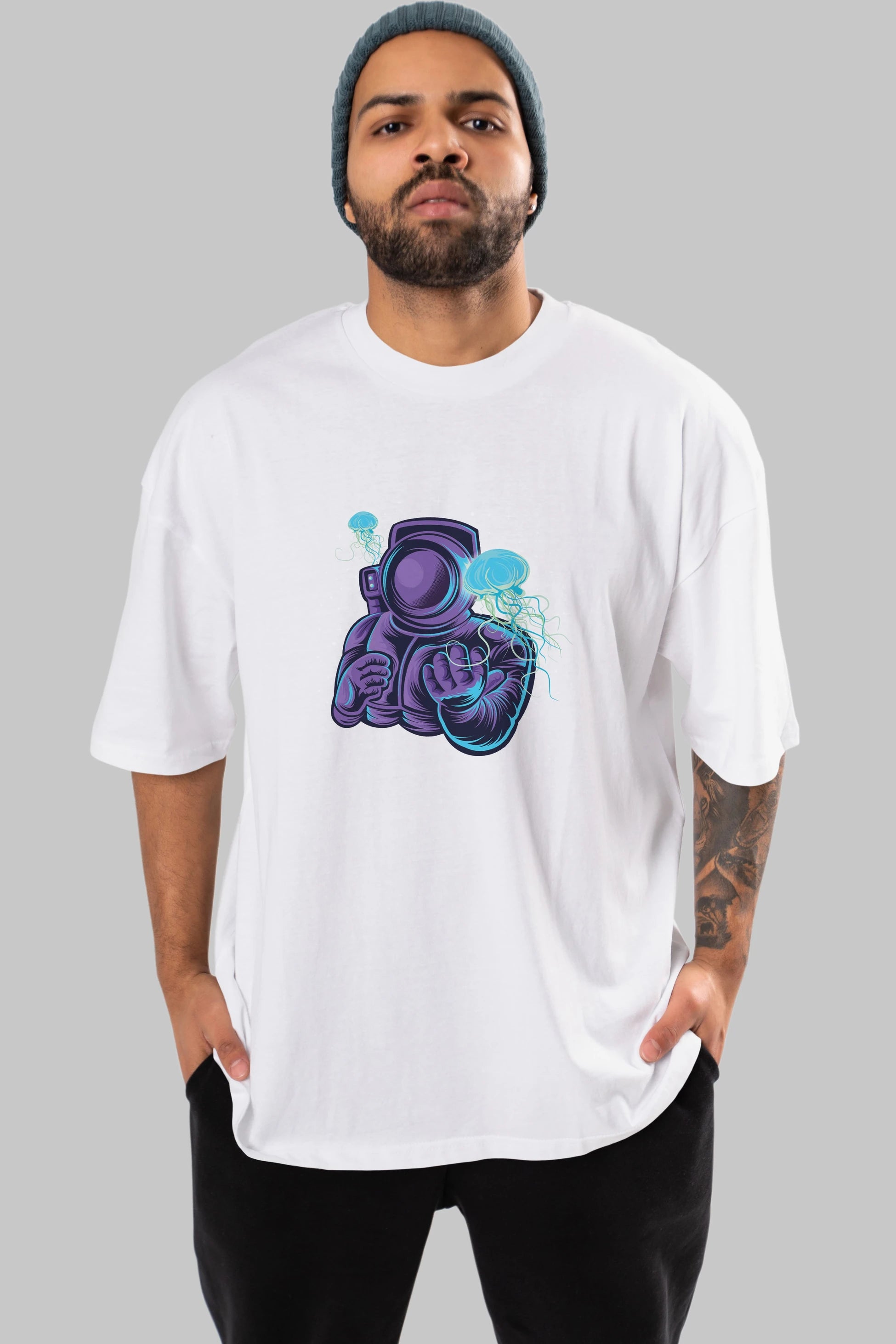 Astronaut and Jellyfish Ön Baskılı Oversize t-shirt Erkek Kadın Unisex