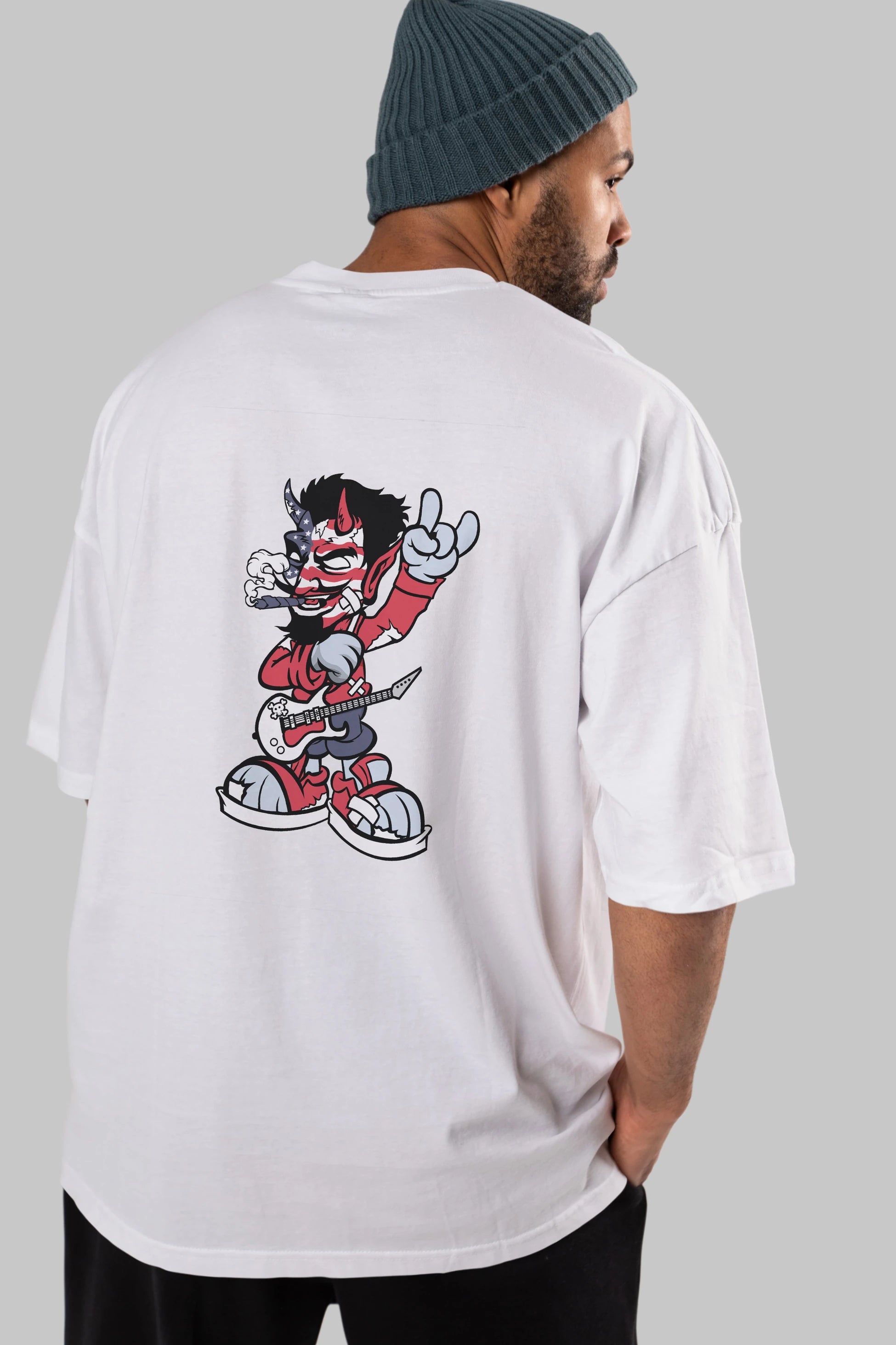 American Devil Rockstar Arka Baskılı Oversize t-shirt Erkek Kadın Unisex %100 Pamuk tişort