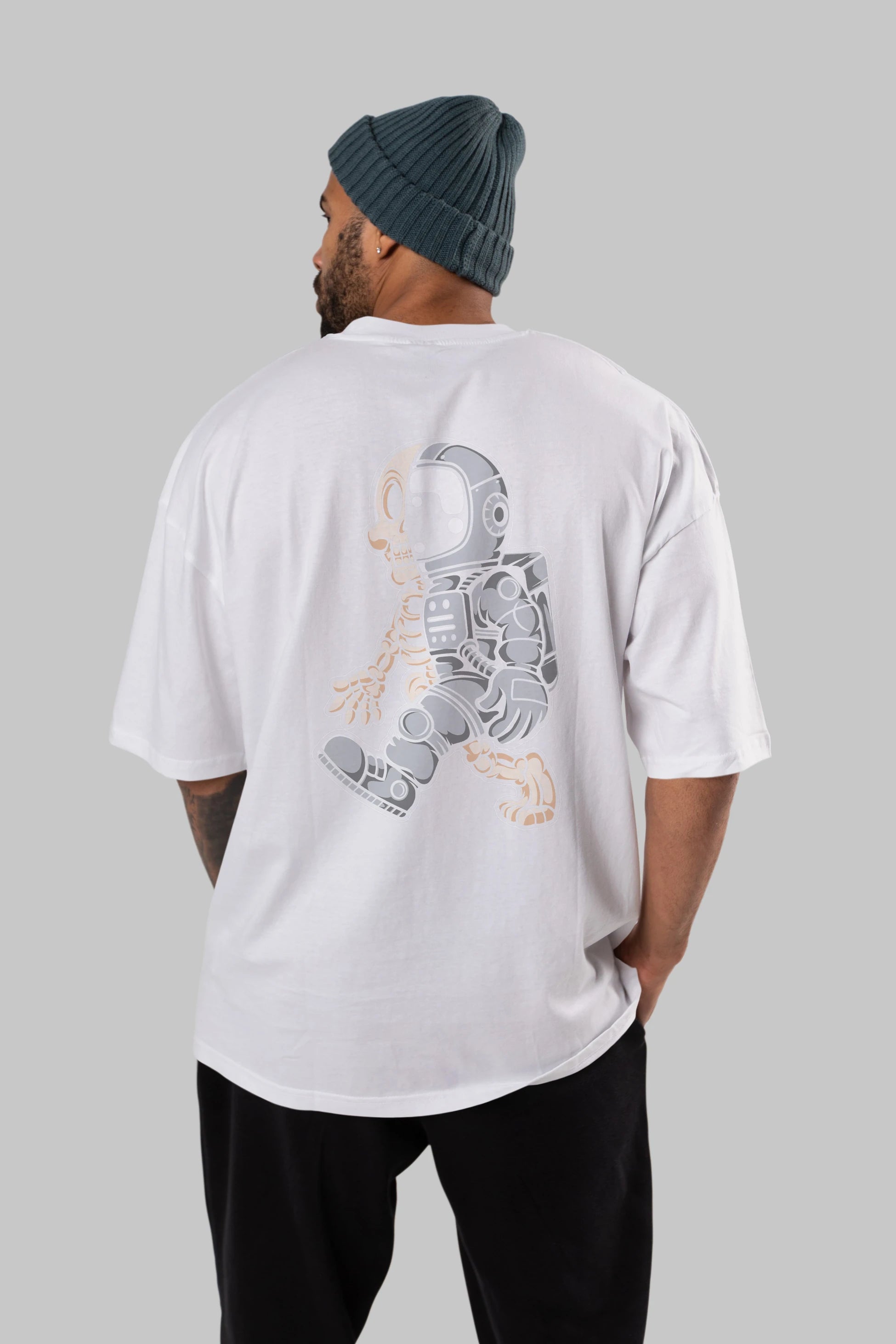 Astronaut Half Skull Arka Baskılı Oversize t-shirt Erkek Kadın Unisex