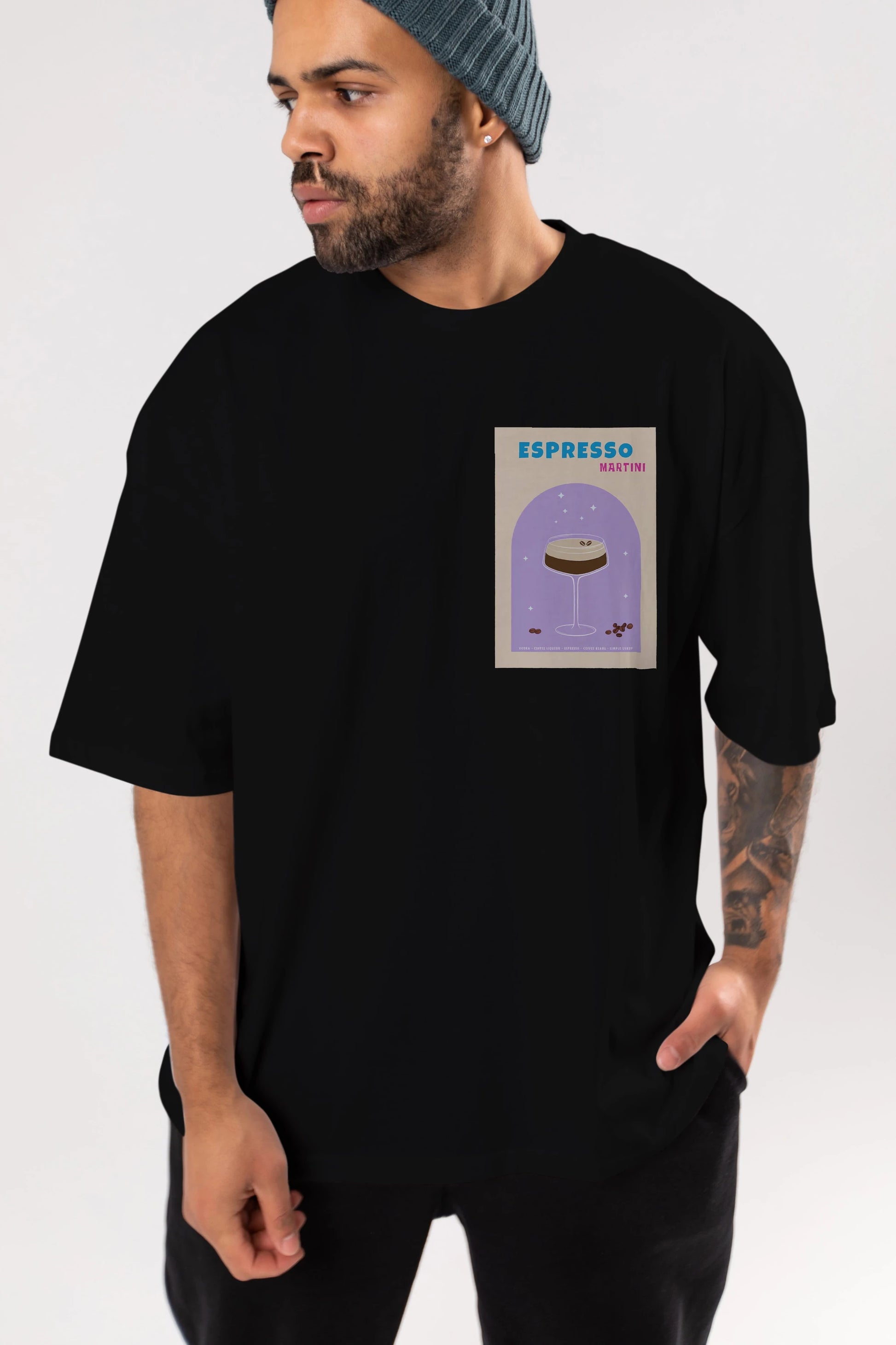 Espresso Martini 5 Ön Sol Baskılı Oversize t-shirt Erkek Kadın Unisex %100 Pamuk Bisiklet Yaka tişort