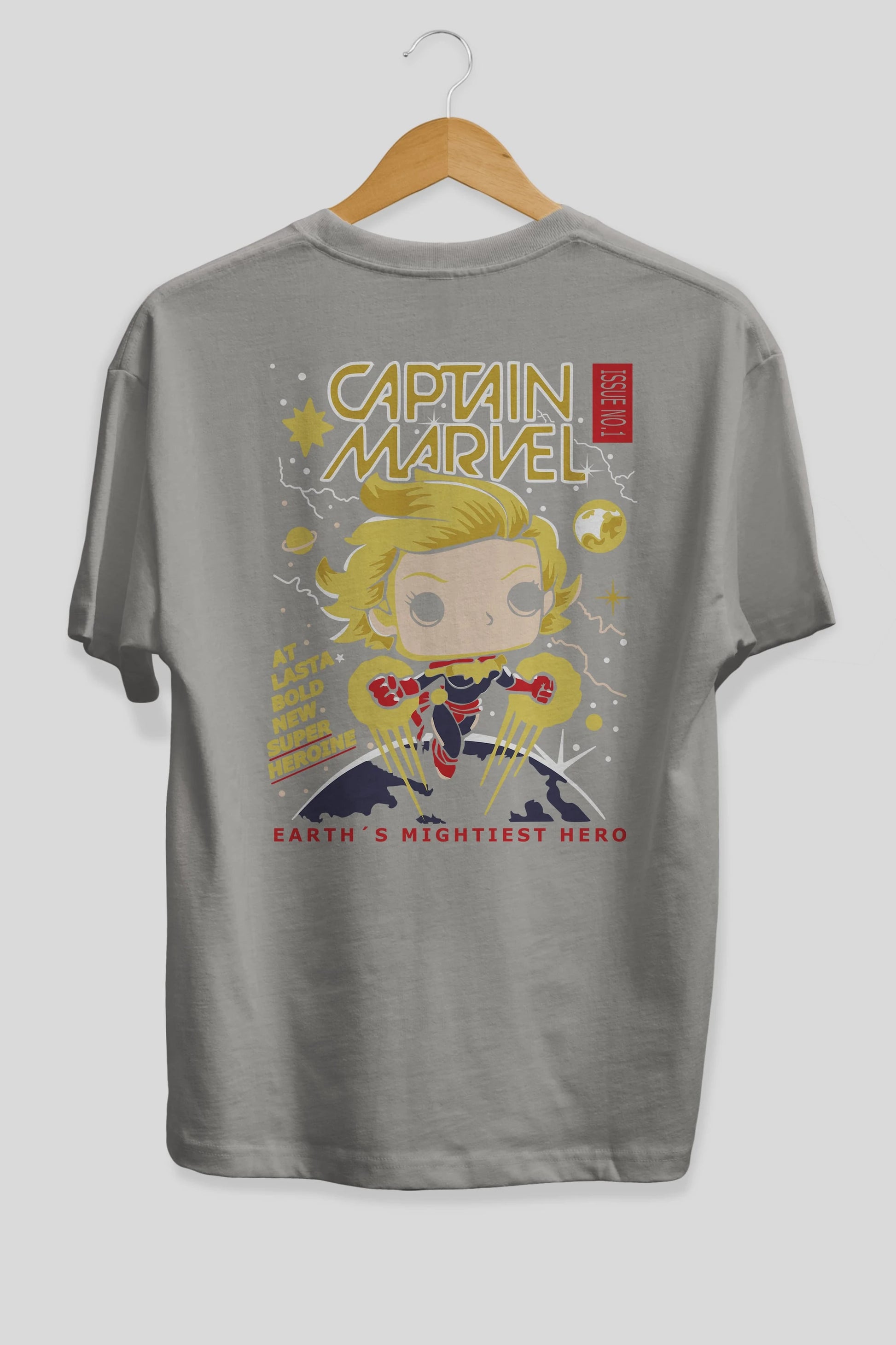 Captain Marvel Arka Baskılı Oversize t-shirt Erkek Kadın Unisex %100 Pamuk Bisiklet Yaka tişort