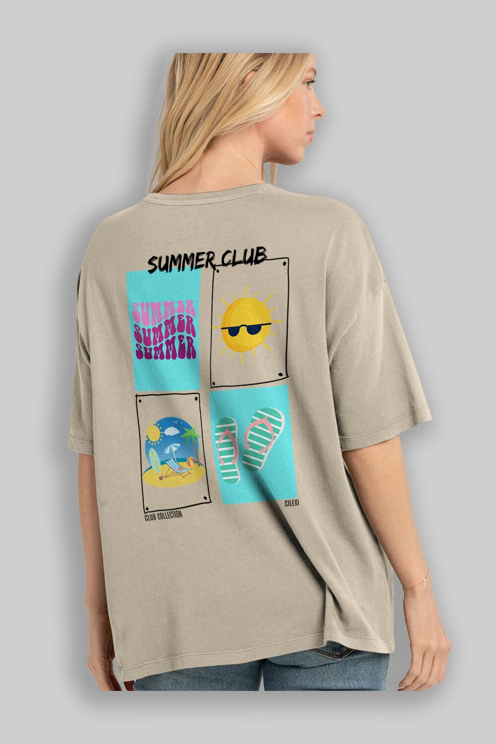 Summer Club Arka Baskılı Oversize t-shirt Erkek Kadın %100 Pamuk Bisiklet Yaka tişort