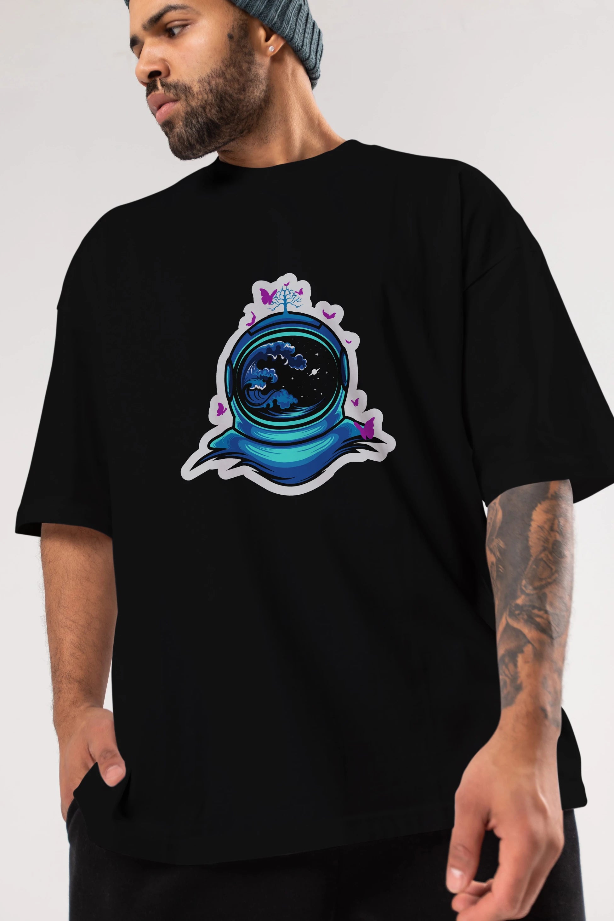 Astronaut and Butterfly Sticker Ön Baskılı Oversize t-shirt Erkek Kadın Unisex