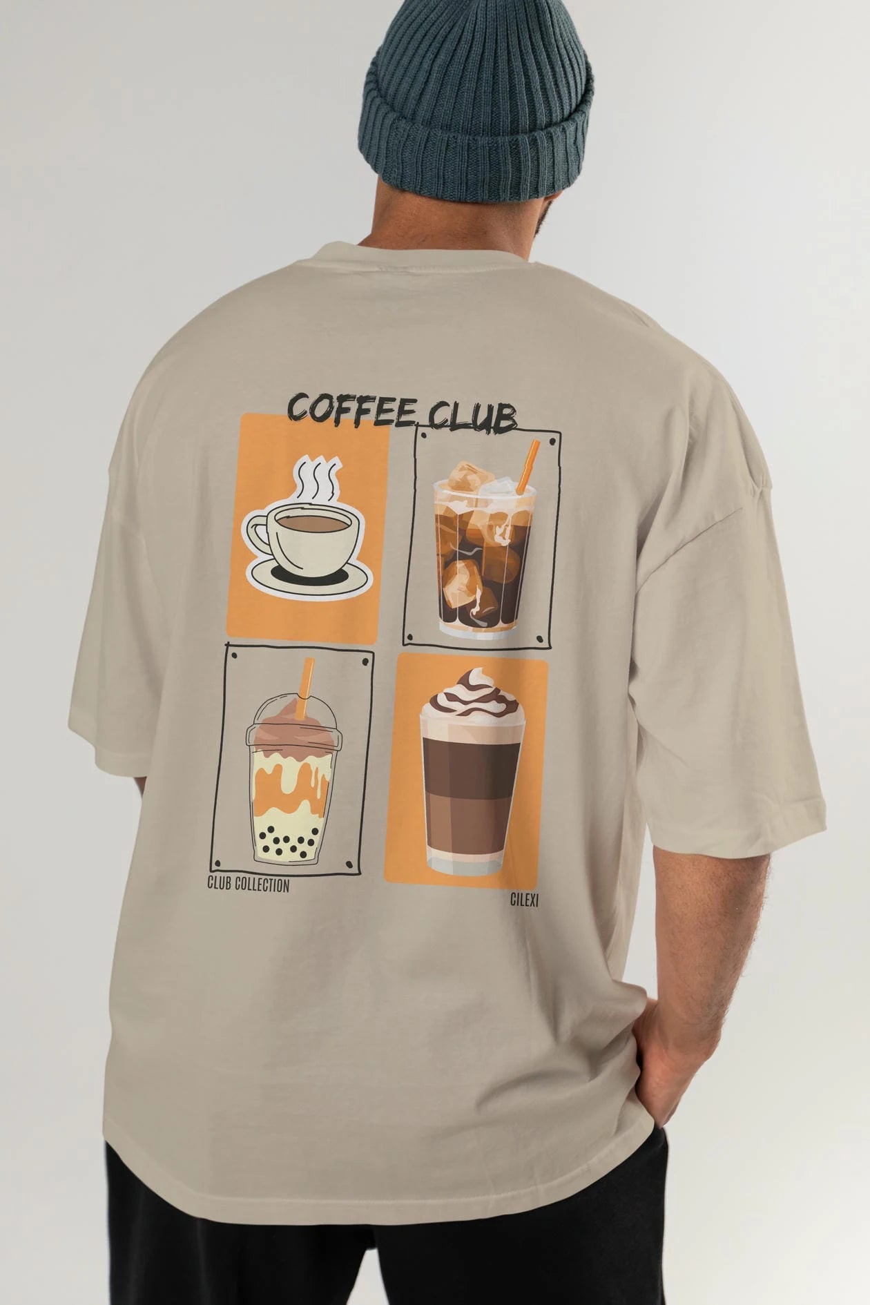 Coffee Club Arka Baskılı Oversize t-shirt Erkek Kadın %100 Pamuk Bisiklet Yaka tişort