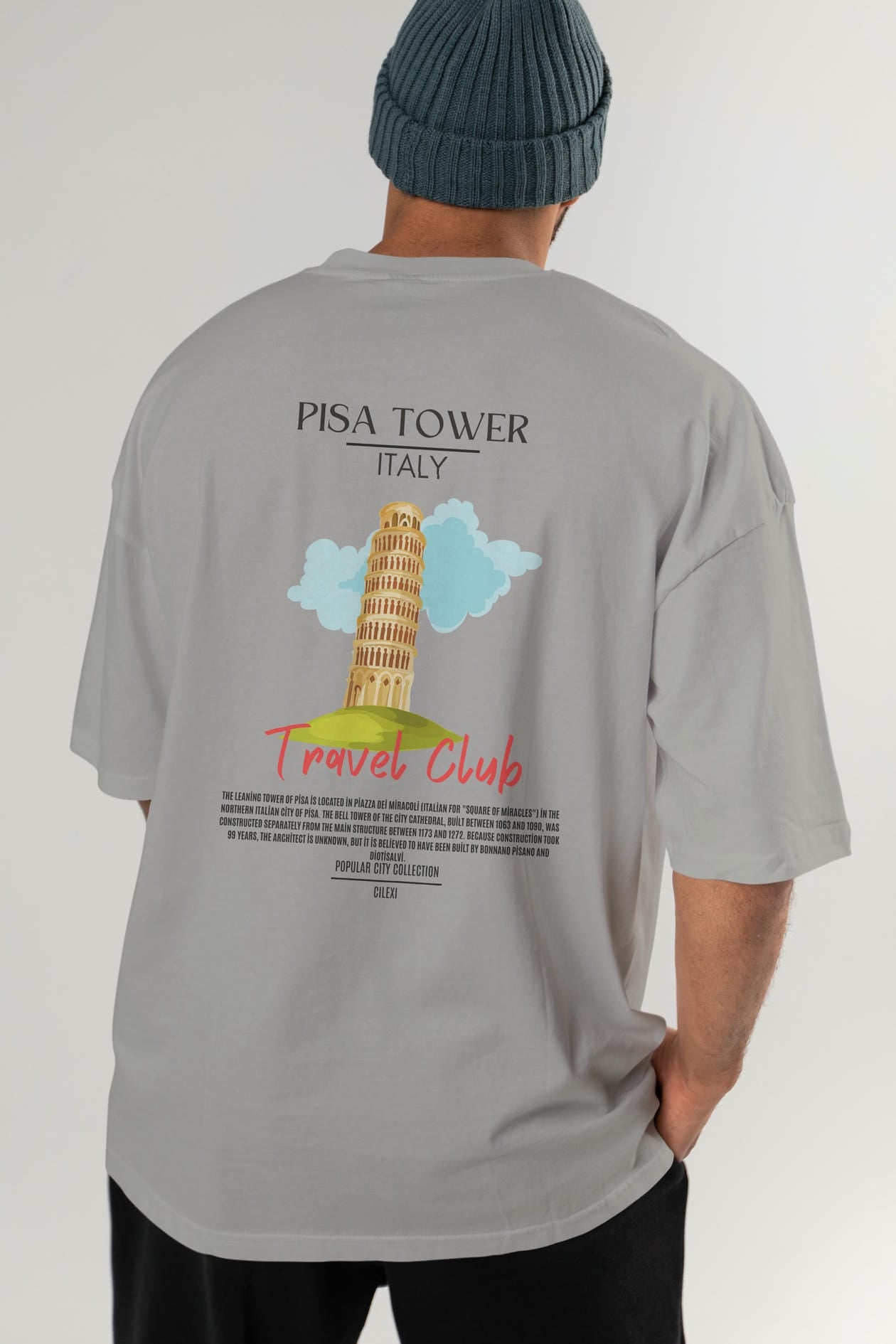 Pisa Tower İtaly Arka Baskılı Oversize t-shirt Erkek Kadın Pamuk Bisiklet Yaka tişort