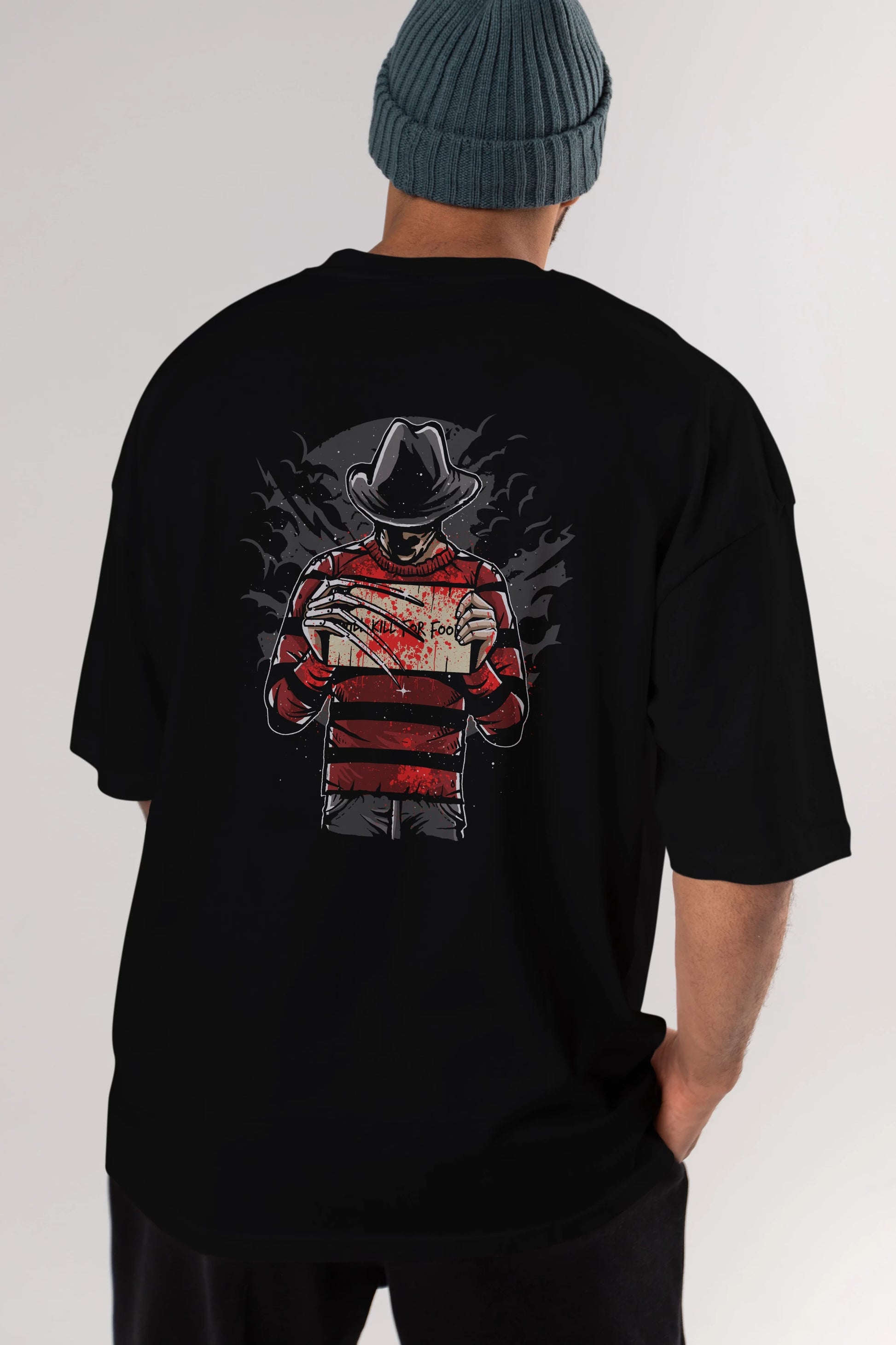 Freddy Will Kill For Food Arka Baskılı Oversize t-shirt Erkek Kadın Unisex %100 Pamuk
