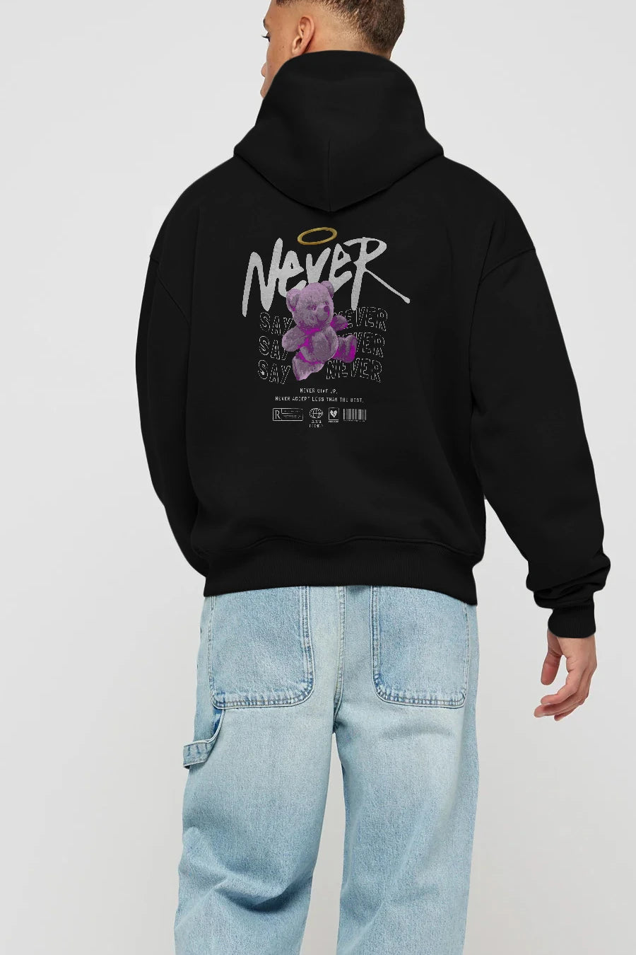 Teddy Bear Never Arka Baskılı Hoodie Oversize Kapüşonlu Sweatshirt Erkek Kadın Unisex