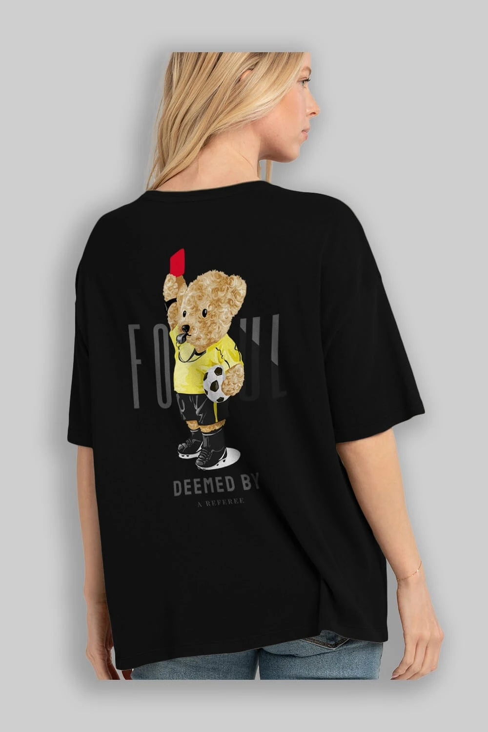 Teddy Bear Kırmızı Kart Arka Baskılı Oversize t-shirt Erkek Kadın Unisex %100 Pamuk