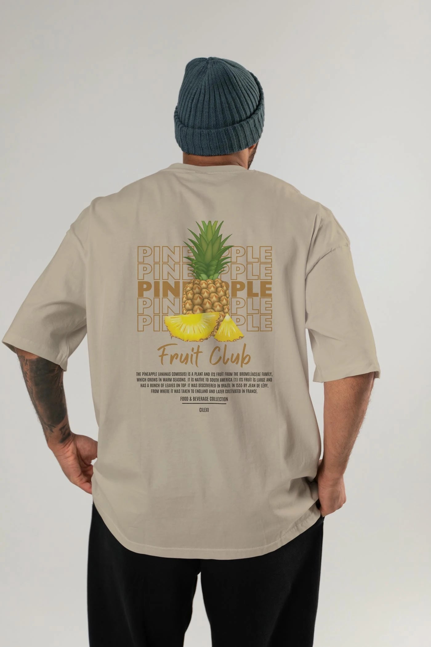 Pineapple Arka Baskılı Oversize t-shirt Erkek Kadın Pamuk Bisiklet Yaka tişort