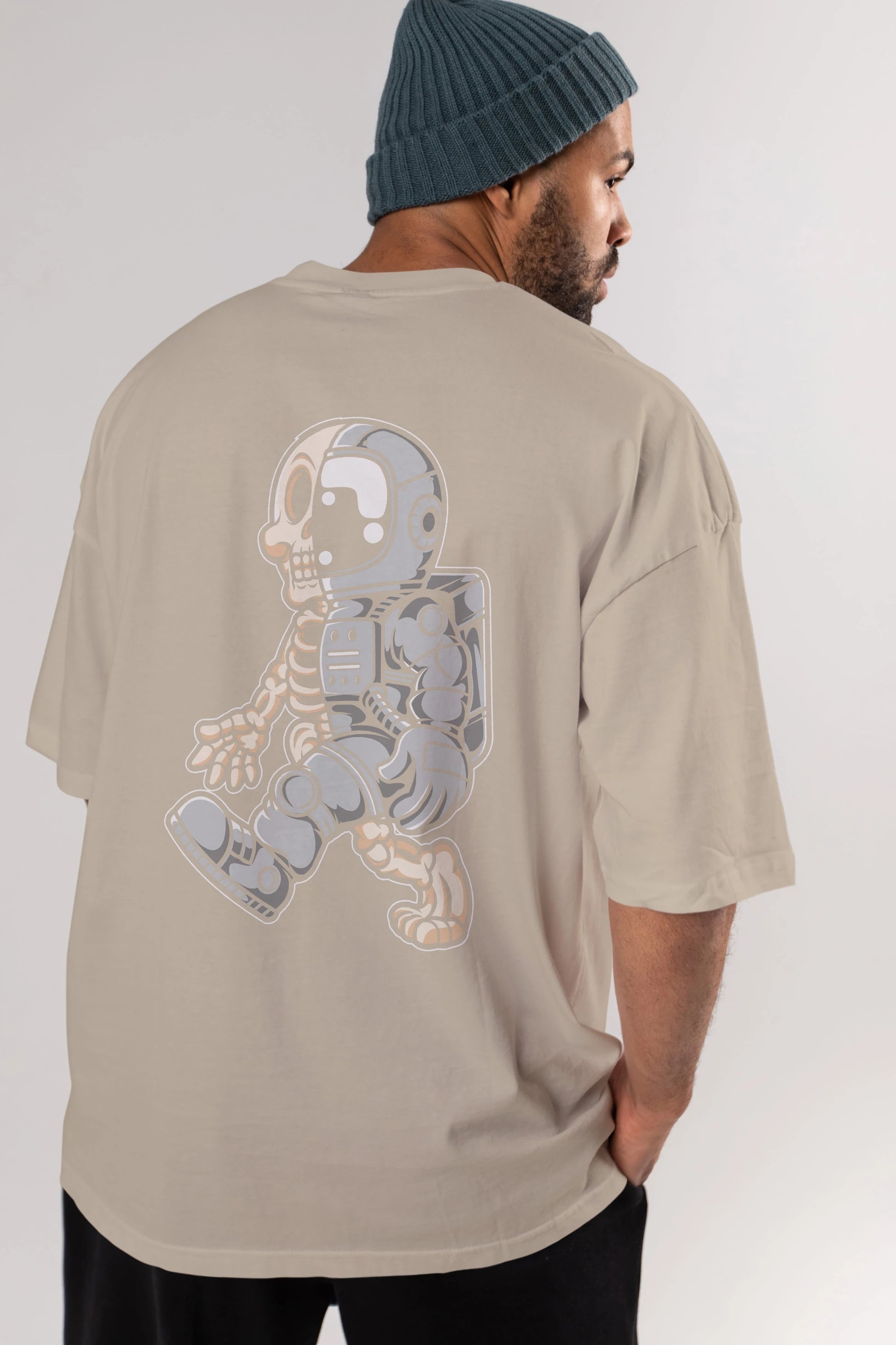 Astronaut Half Skull Arka Baskılı Oversize t-shirt Erkek Kadın Unisex