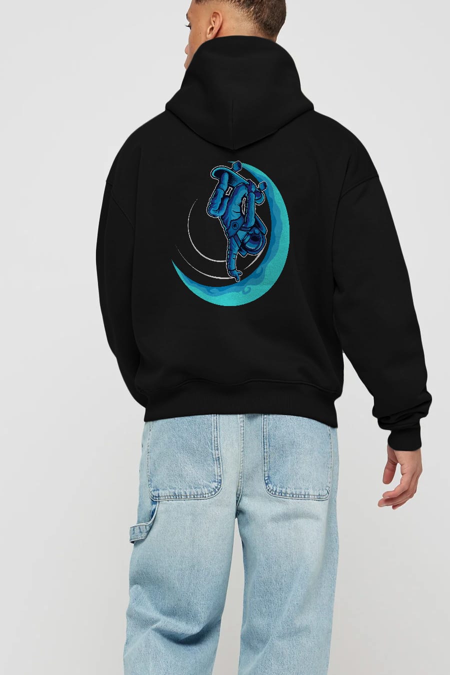Skating on the moon Arka Baskılı Hoodie Oversize Kapüşonlu Sweatshirt Erkek Kadın Unisex