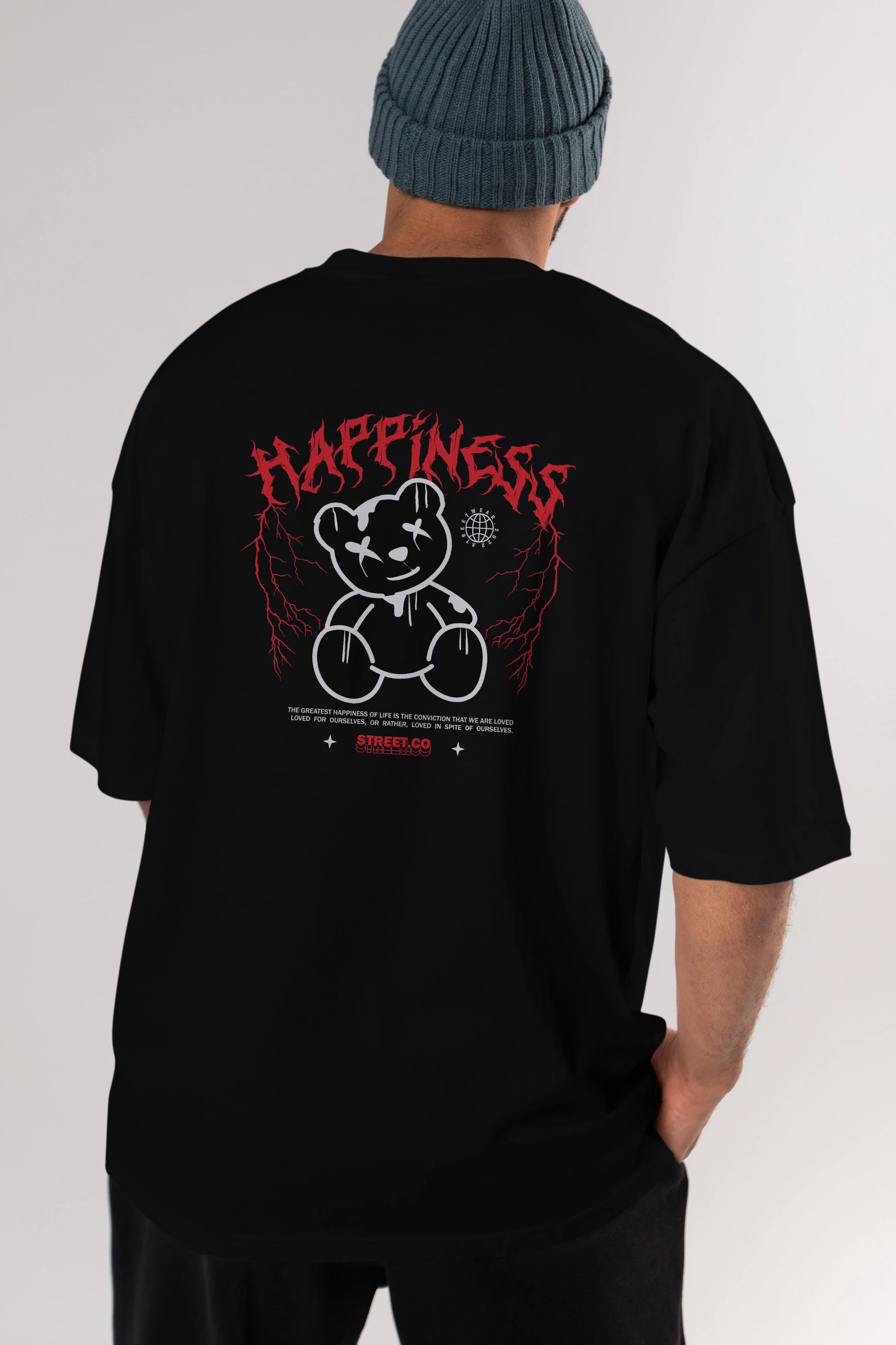 Happiness Bear Arka Baskılı Oversize t-shirt Erkek Kadın Unisex