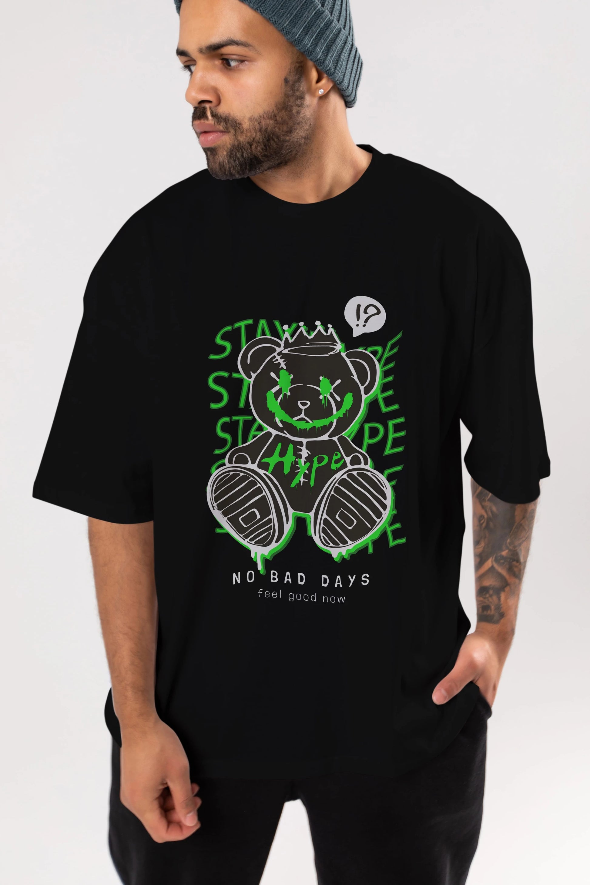 Stay Hype Bear Ön Baskılı Oversize t-shirt Erkek Kadın Unisex