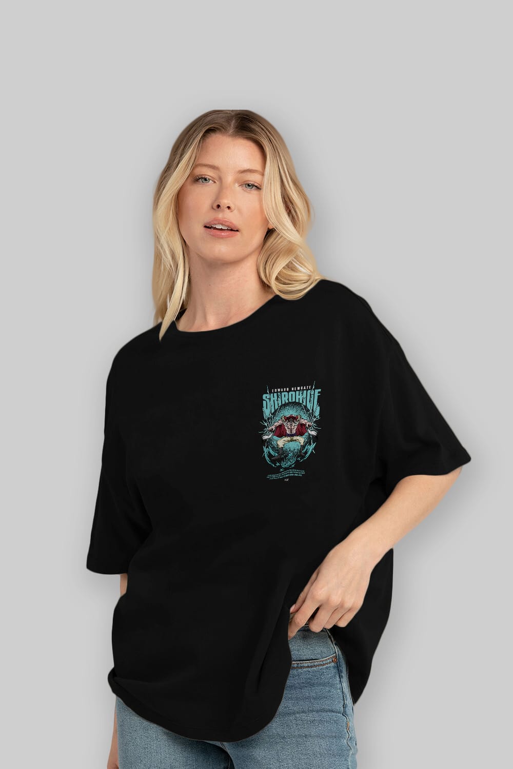 Shirohige Ön Sol Baskılı Oversize t-shirt Erkek Kadın Unisex %100 Pamuk Bisiklet Yaka tişort