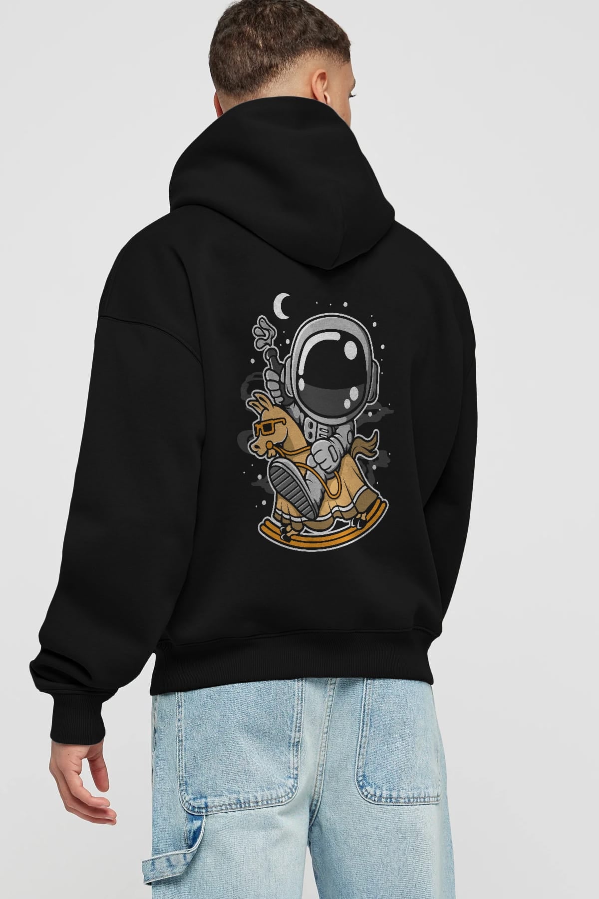 Astronaut RidingToy Horse Arka Baskılı Hoodie Oversize Kapüşonlu Sweatshirt Erkek Kadın Unisex