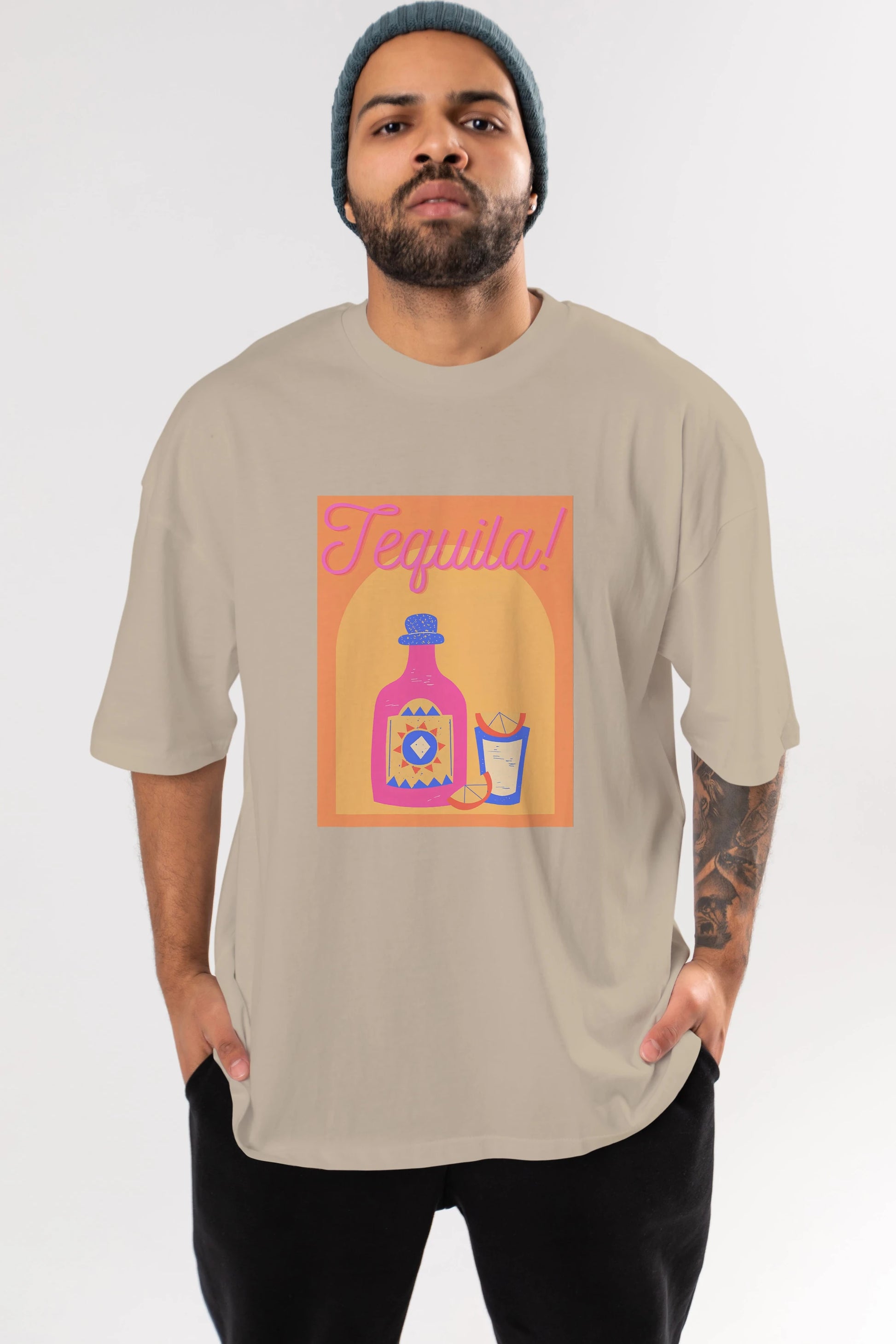 Tequila Ön Baskılı Oversize t-shirt Erkek Kadın Unisex %100 Pamuk Bisiklet Yaka tişort