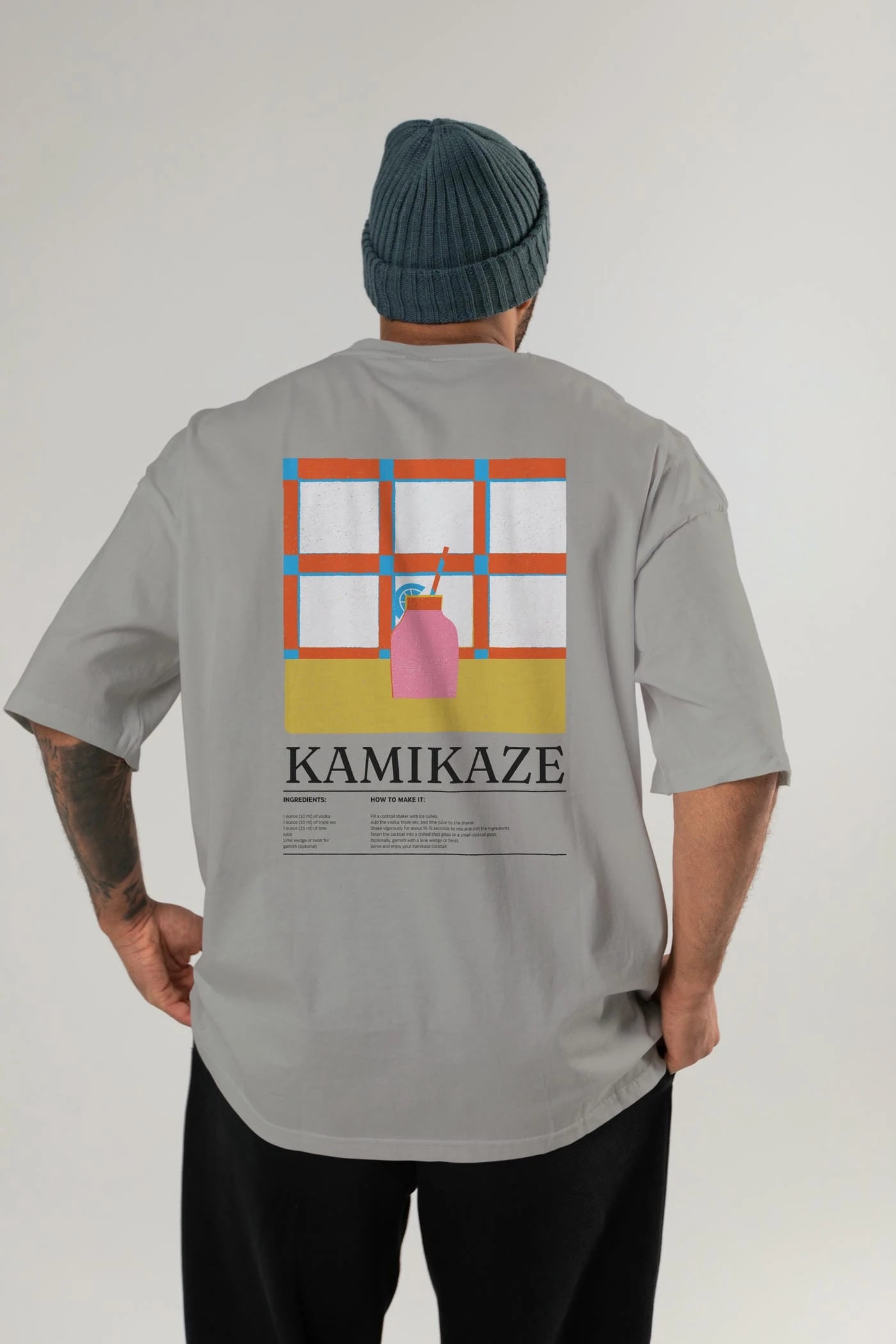 Kamikaze Kokteyl Serisi Arka Baskılı Oversize t-shirt Erkek Kadın %100 Pamuk Bisiklet Yaka tişort