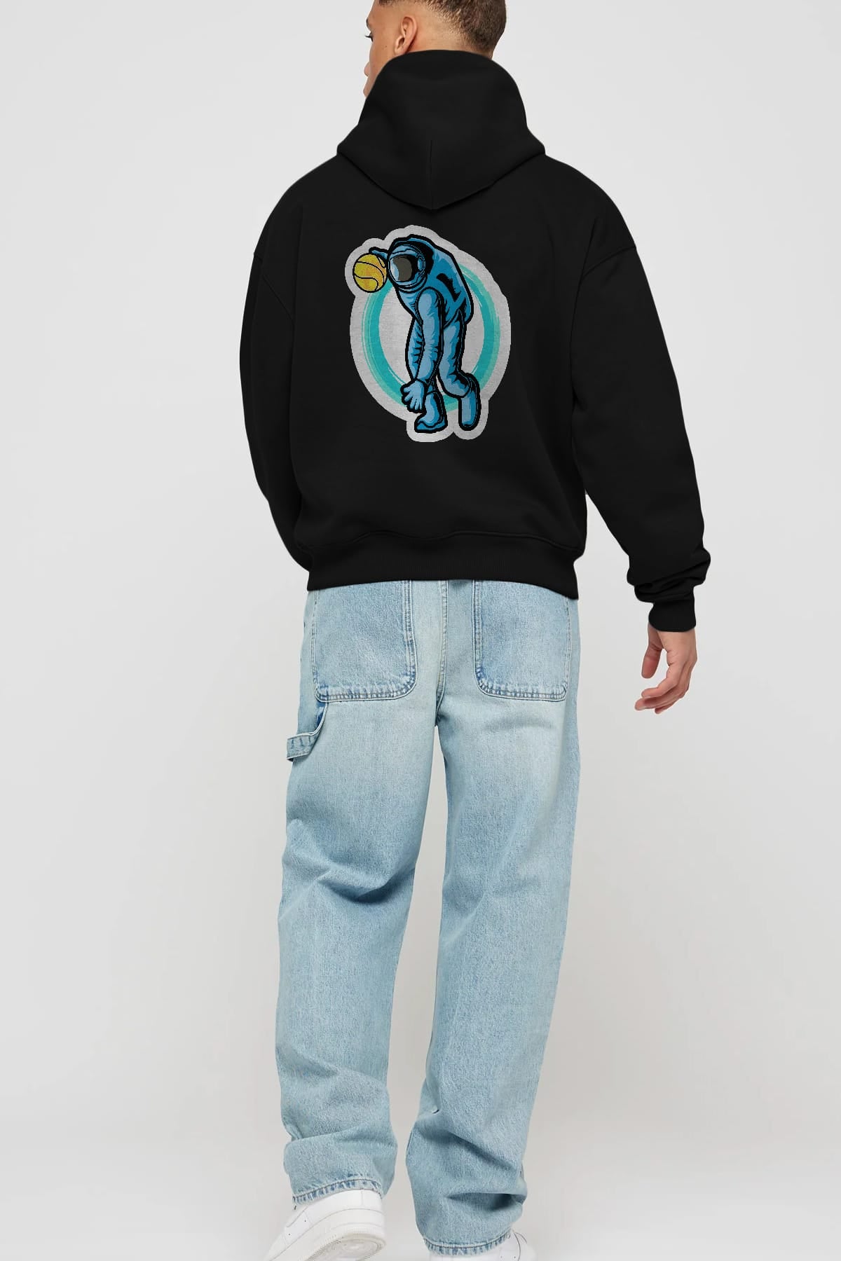 Astronaut Dribble Sticker Arka Baskılı Hoodie Oversize Kapüşonlu Sweatshirt Erkek Kadın Unisex