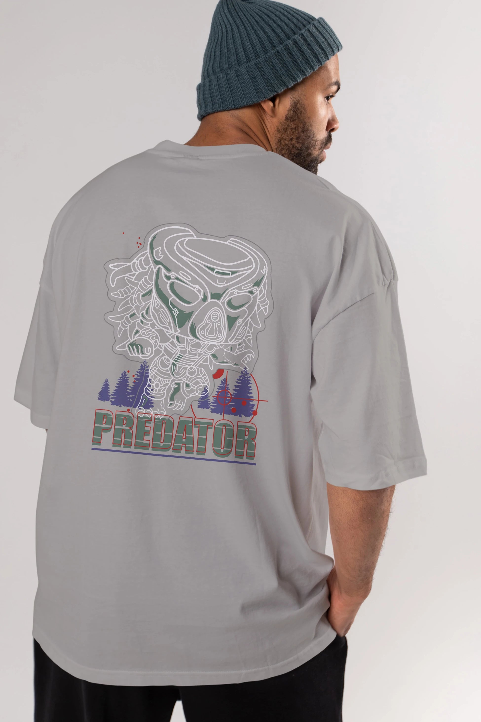 Predator Arka Baskılı Oversize t-shirt Erkek Kadın Unisex %100 Pamuk Bisiklet Yaka tişort