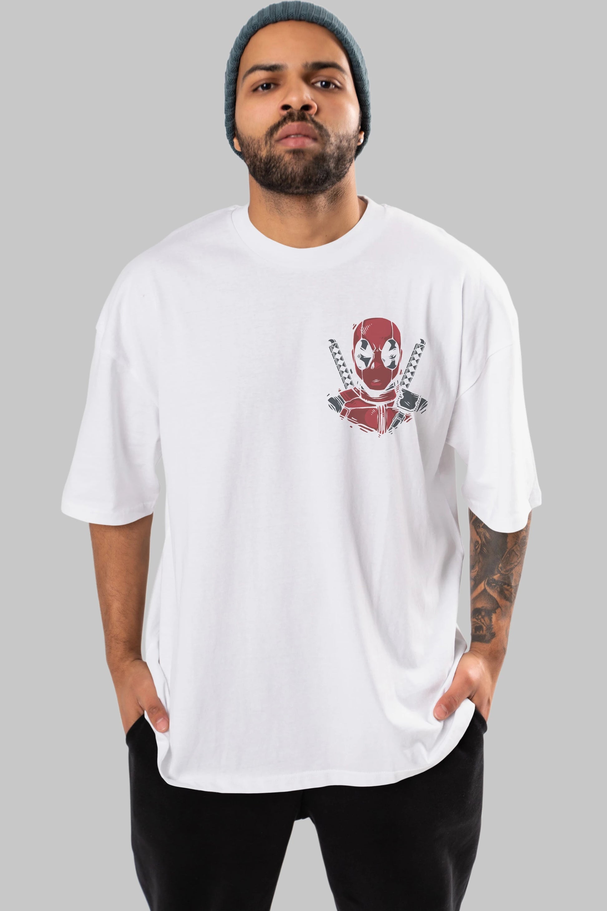 Deadpool (4) Ön Sol Baskılı Oversize t-shirt Erkek Kadın Unisex %100 Pamuk Bisiklet Yaka tişort