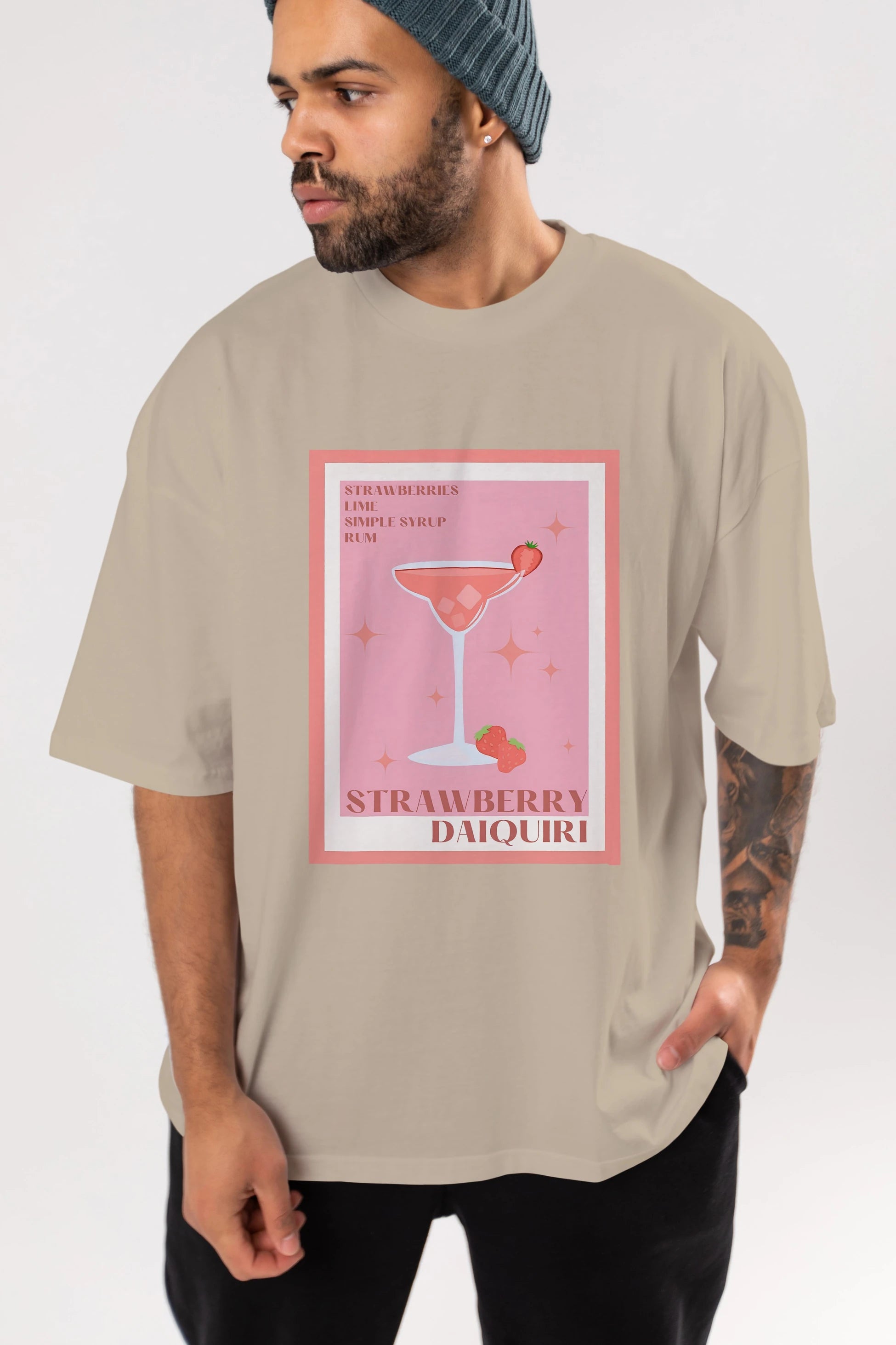 Strawberry Daiquiri Ön Baskılı Oversize t-shirt Erkek Kadın Unisex %100 Pamuk Bisiklet Yaka tişort