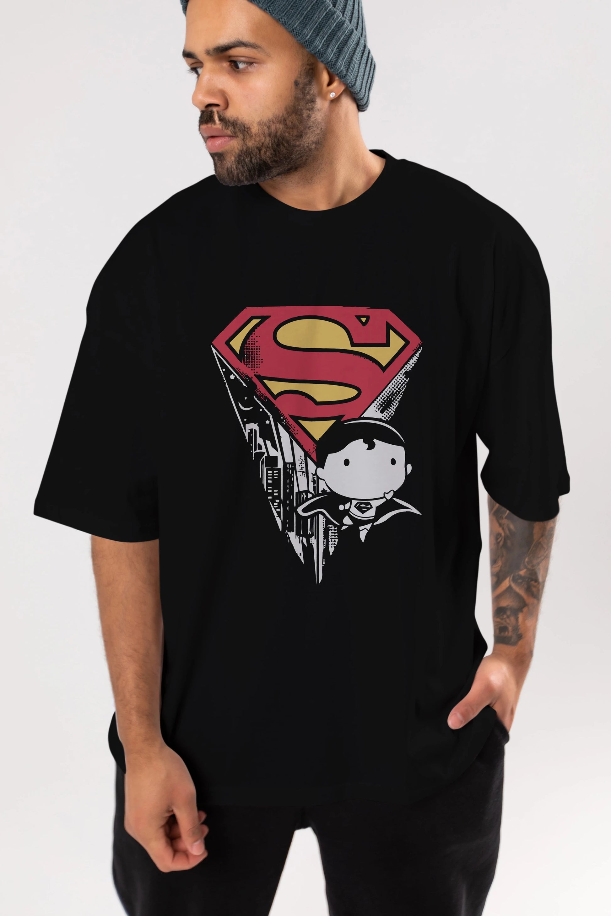 Superman Ön Baskılı Oversize t-shirt Erkek Kadın Unisex %100 Pamuk Bisiklet Yaka tişort
