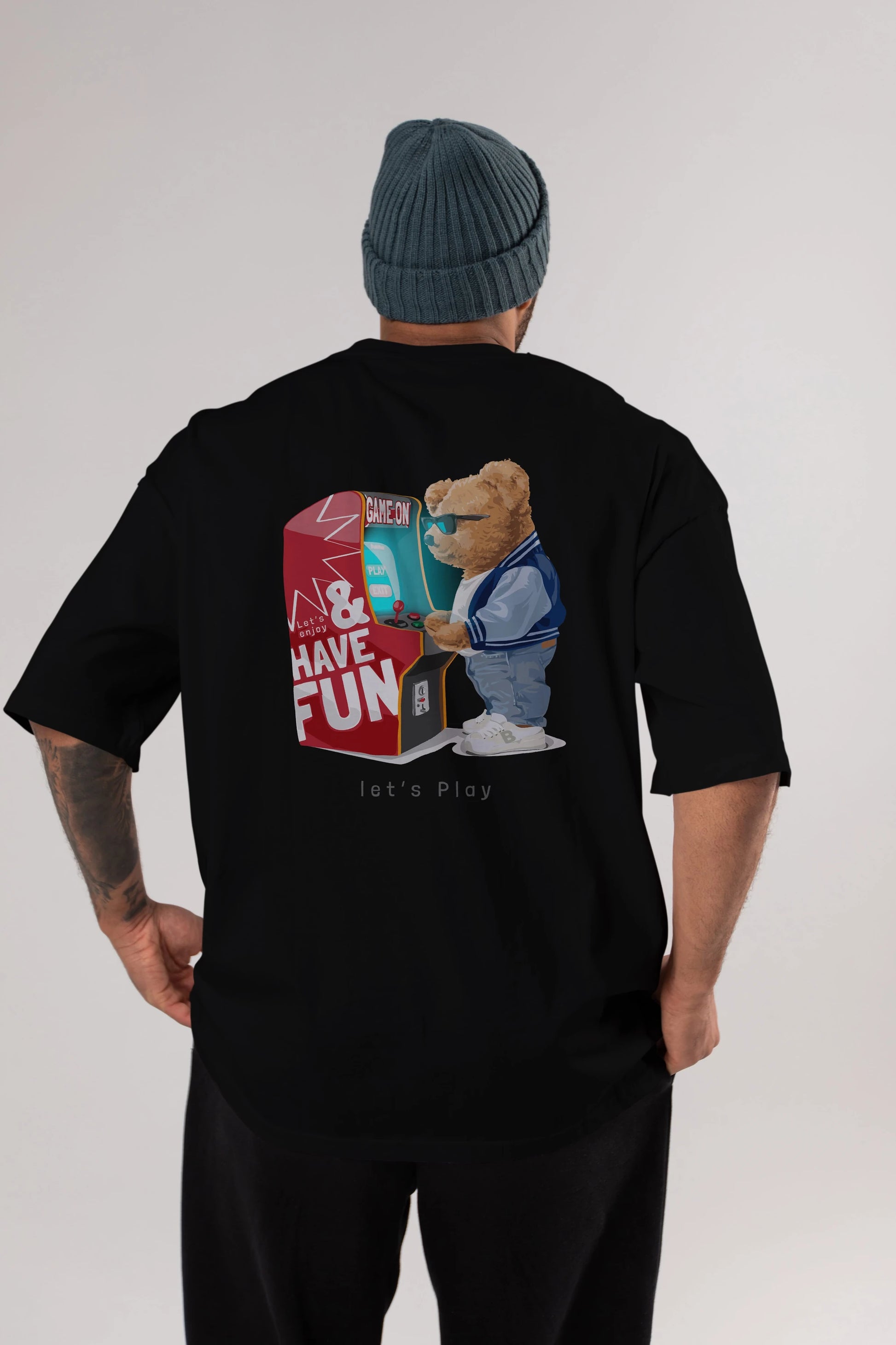 Teddy Bear Lets Play Arka Baskılı Oversize t-shirt Erkek Kadın Unisex %100 Pamuk