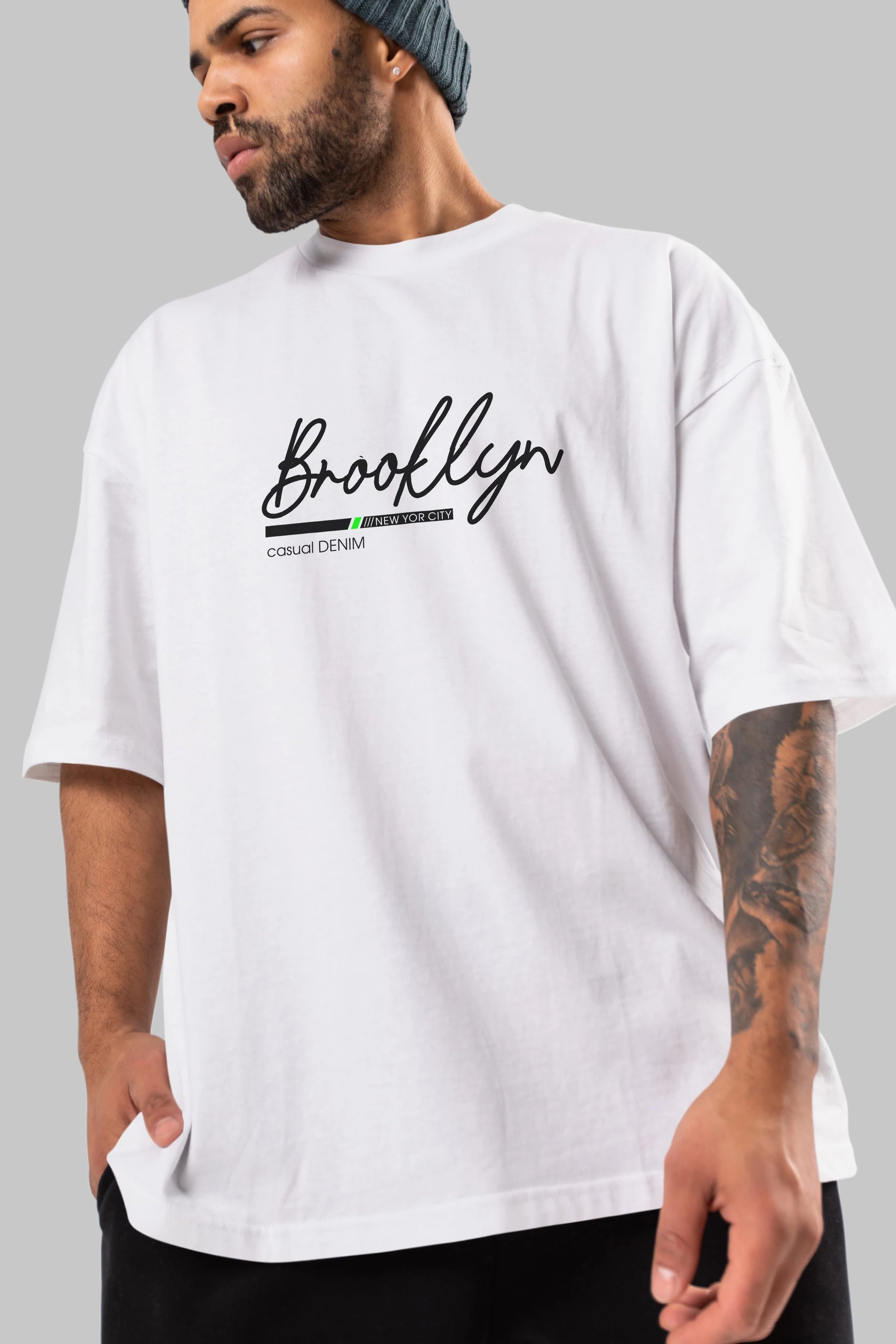 Brooklyn Denim Ön Baskılı Oversize t-shirt Erkek Kadın Unisex