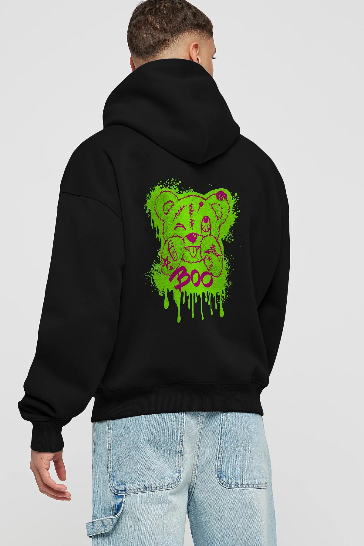Boo  Bear Arka Baskılı Hoodie Oversize Kapüşonlu Sweatshirt Erkek Kadın Unisex