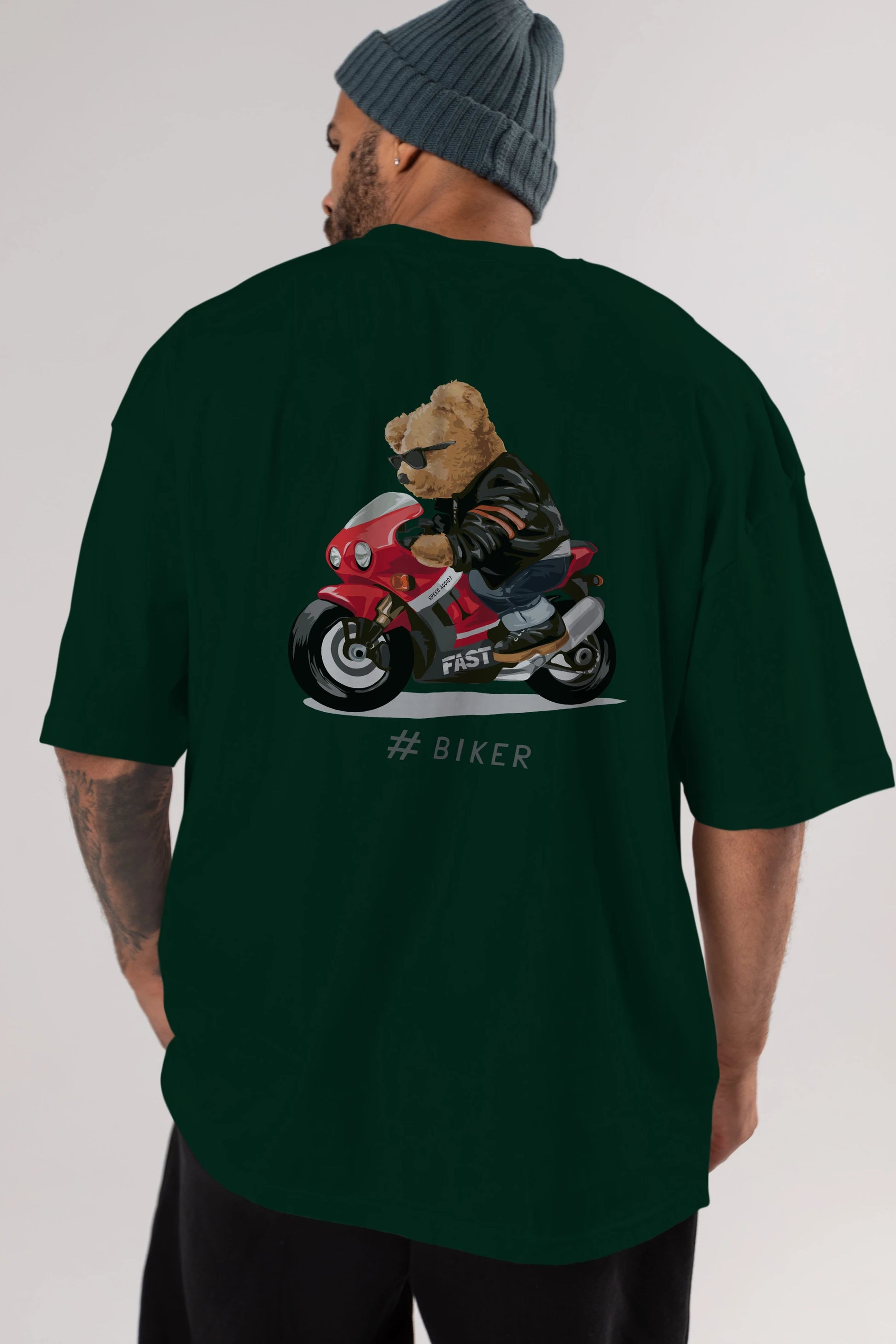 Teddy Bear Biker Arka Baskılı Oversize t-shirt Erkek Kadın Unisex %100 Pamuk