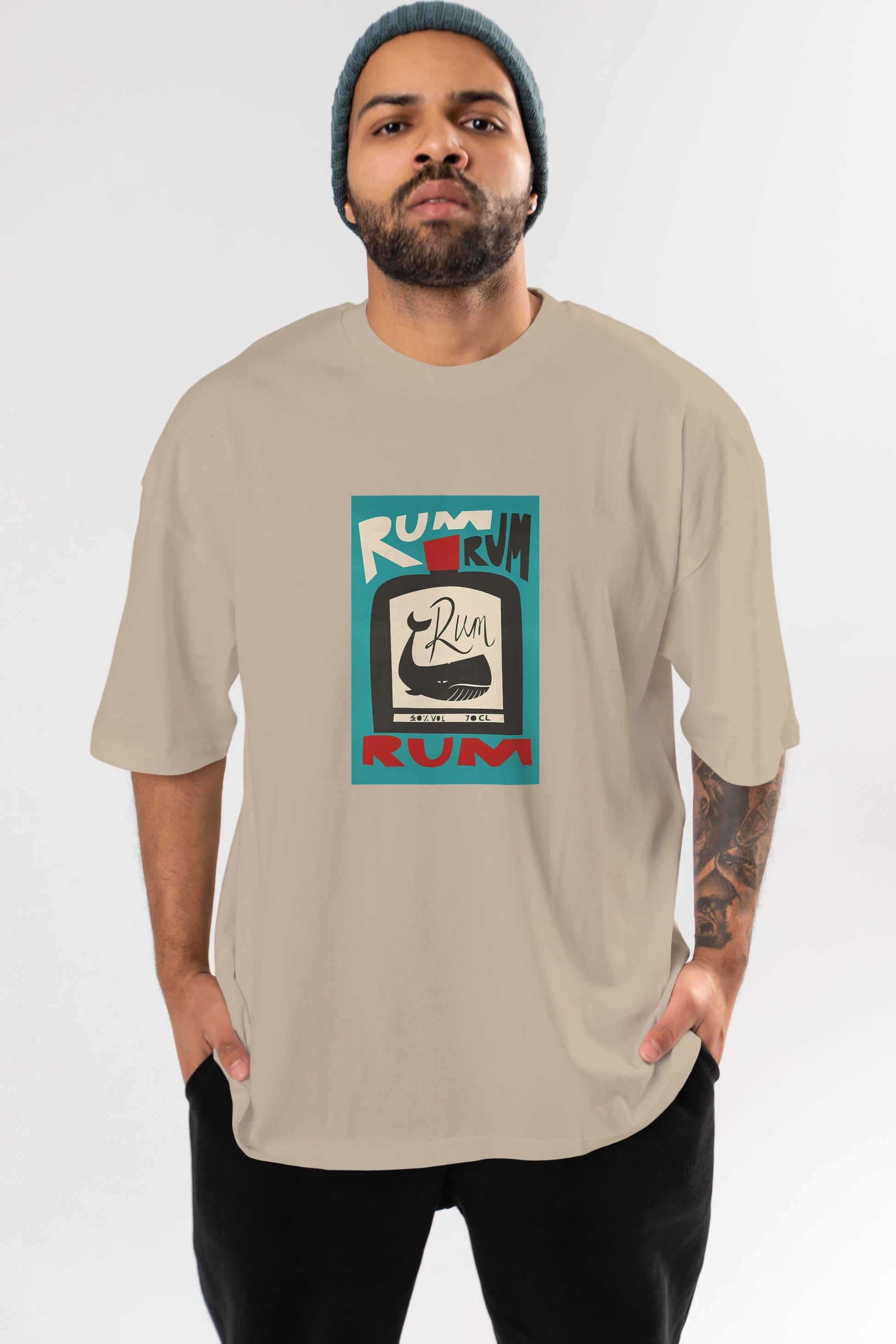 Rum Ön Baskılı Oversize t-shirt Erkek Kadın Unisex %100 Pamuk Bisiklet Yaka tişort