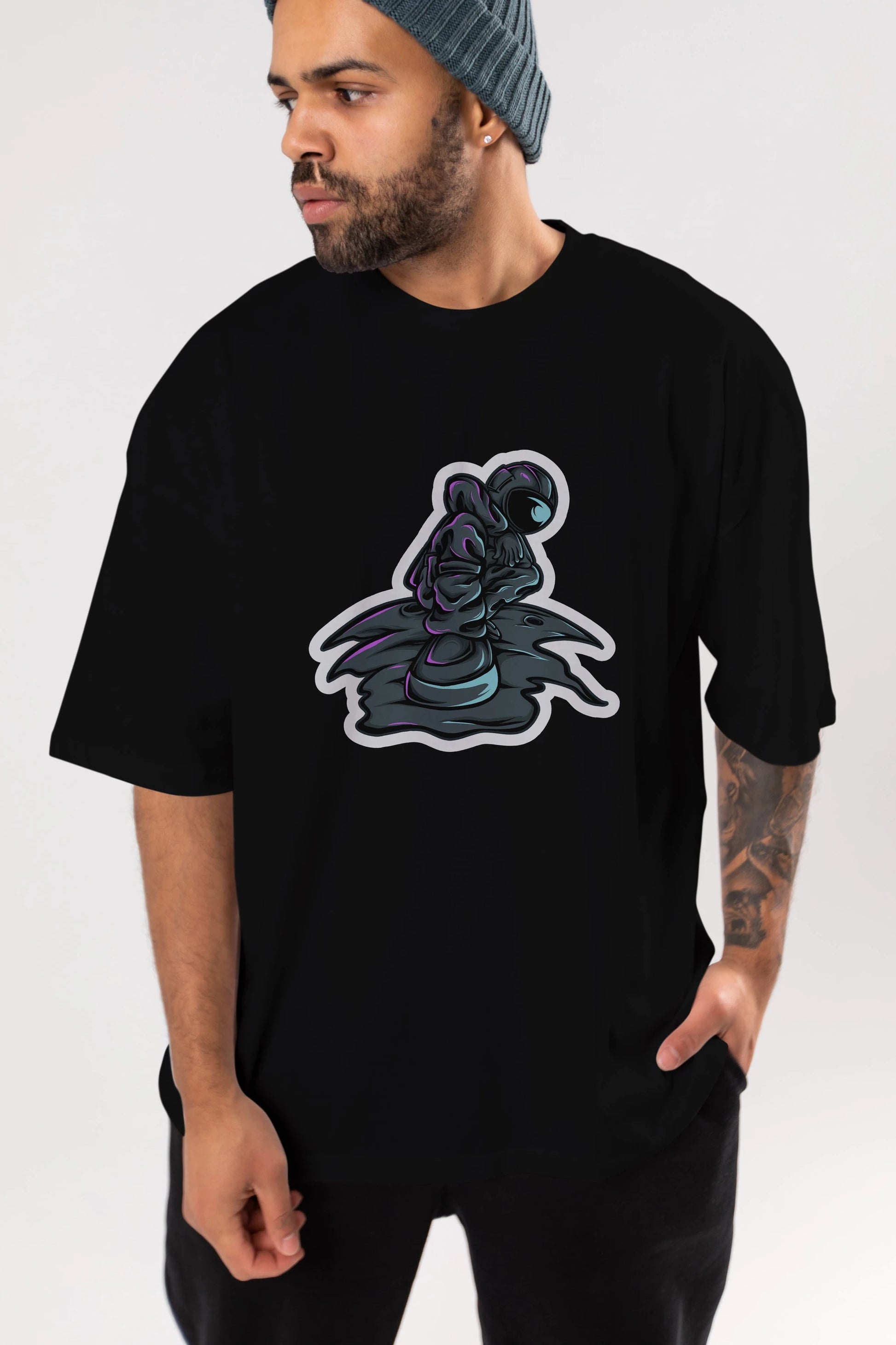 Stylish Astronaut Sticker Ön Baskılı Oversize t-shirt Erkek Kadın Unisex
