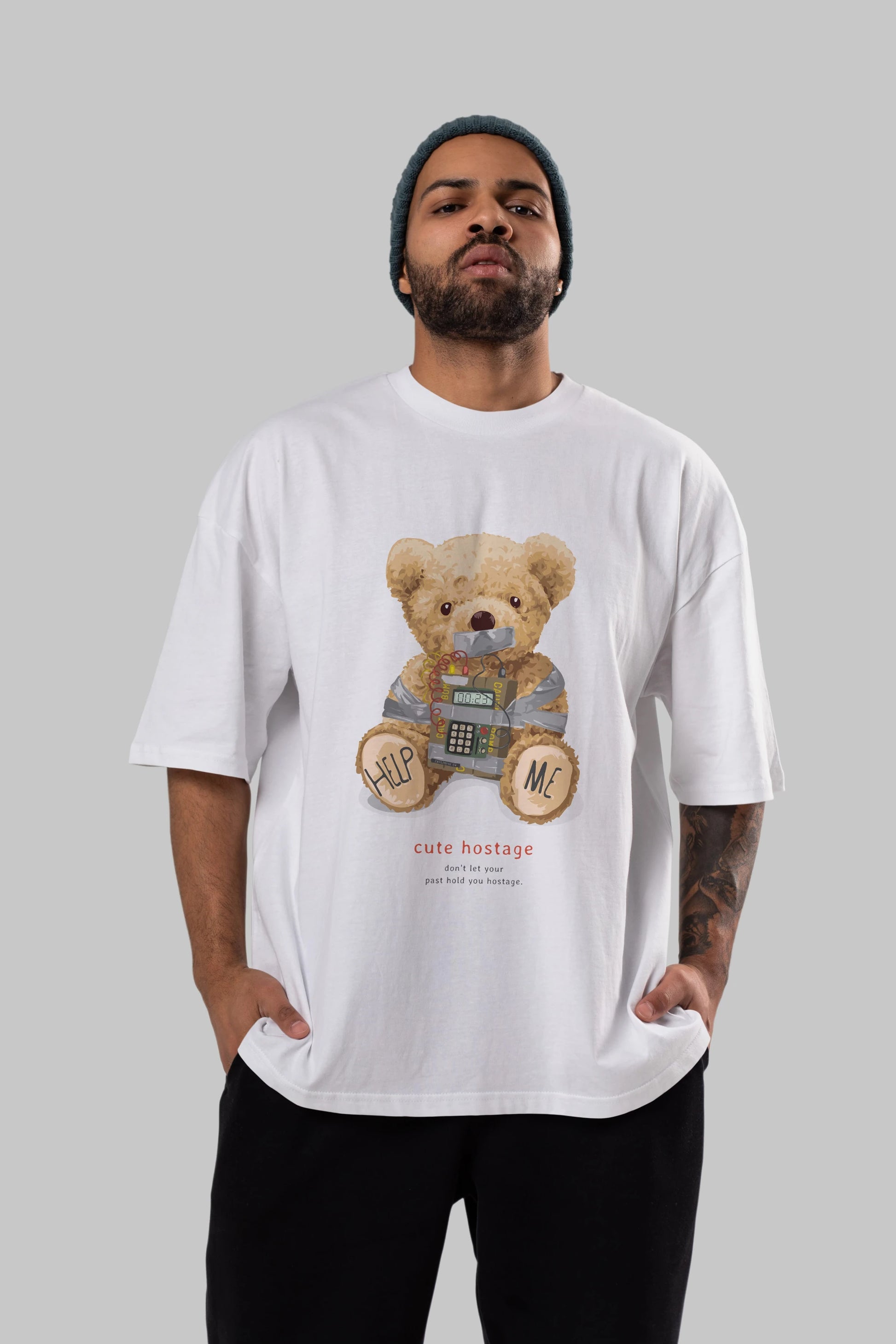 Teddy Bear Help Me Ön Baskılı Oversize t-shirt Erkek Kadın Unisex %100 Pamuk