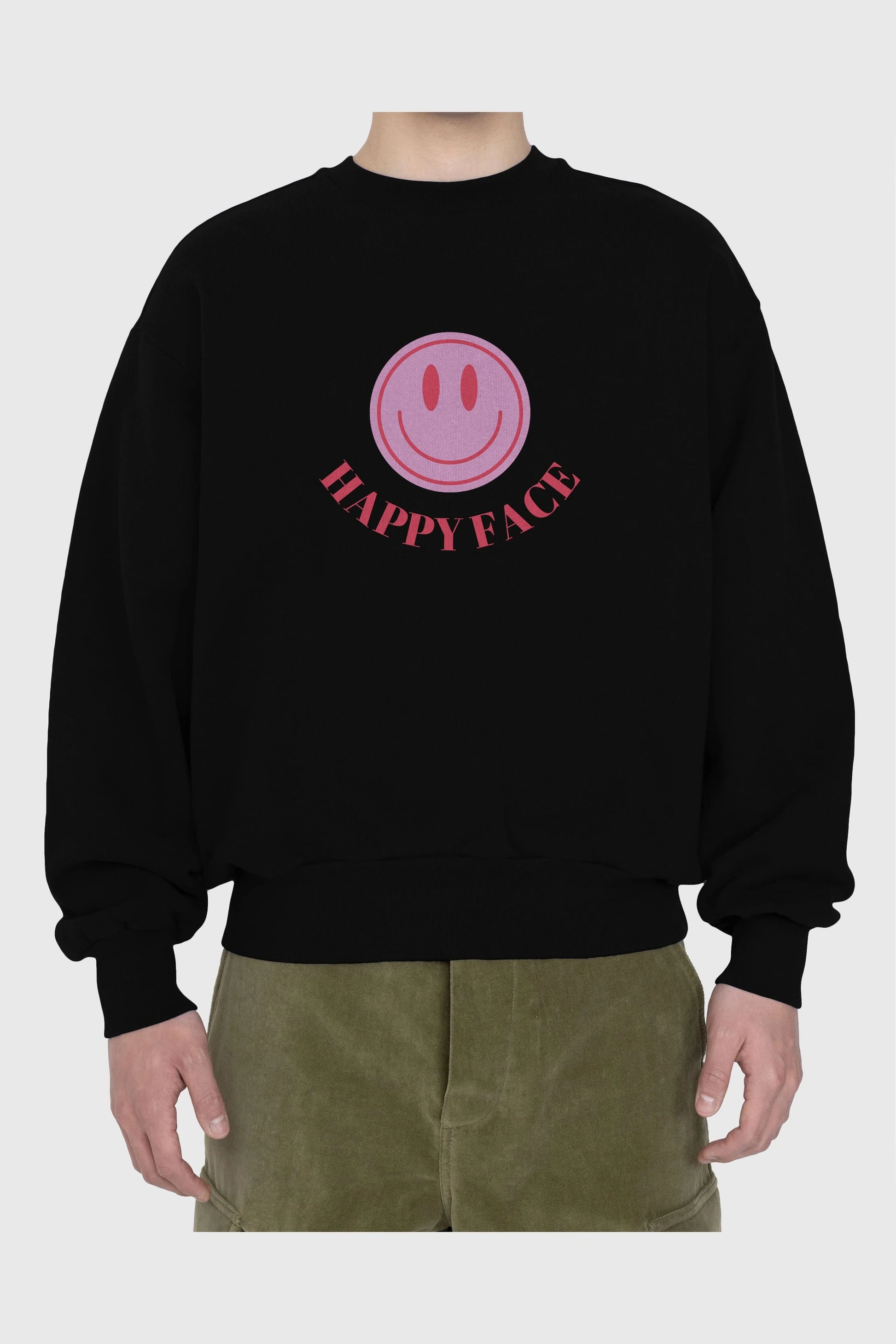 Happy Face Yazılı Ön Baskılı Oversize Sweatshirt Erkek Kadın Unisex