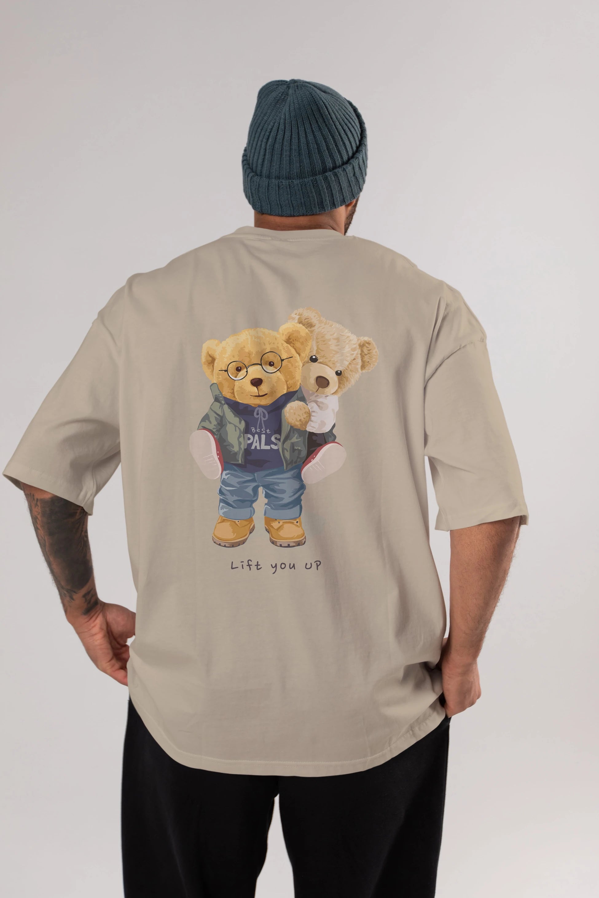 Teddy Bear Lift You Up Arka Baskılı Oversize t-shirt Erkek Kadın Unisex %100 Pamuk
